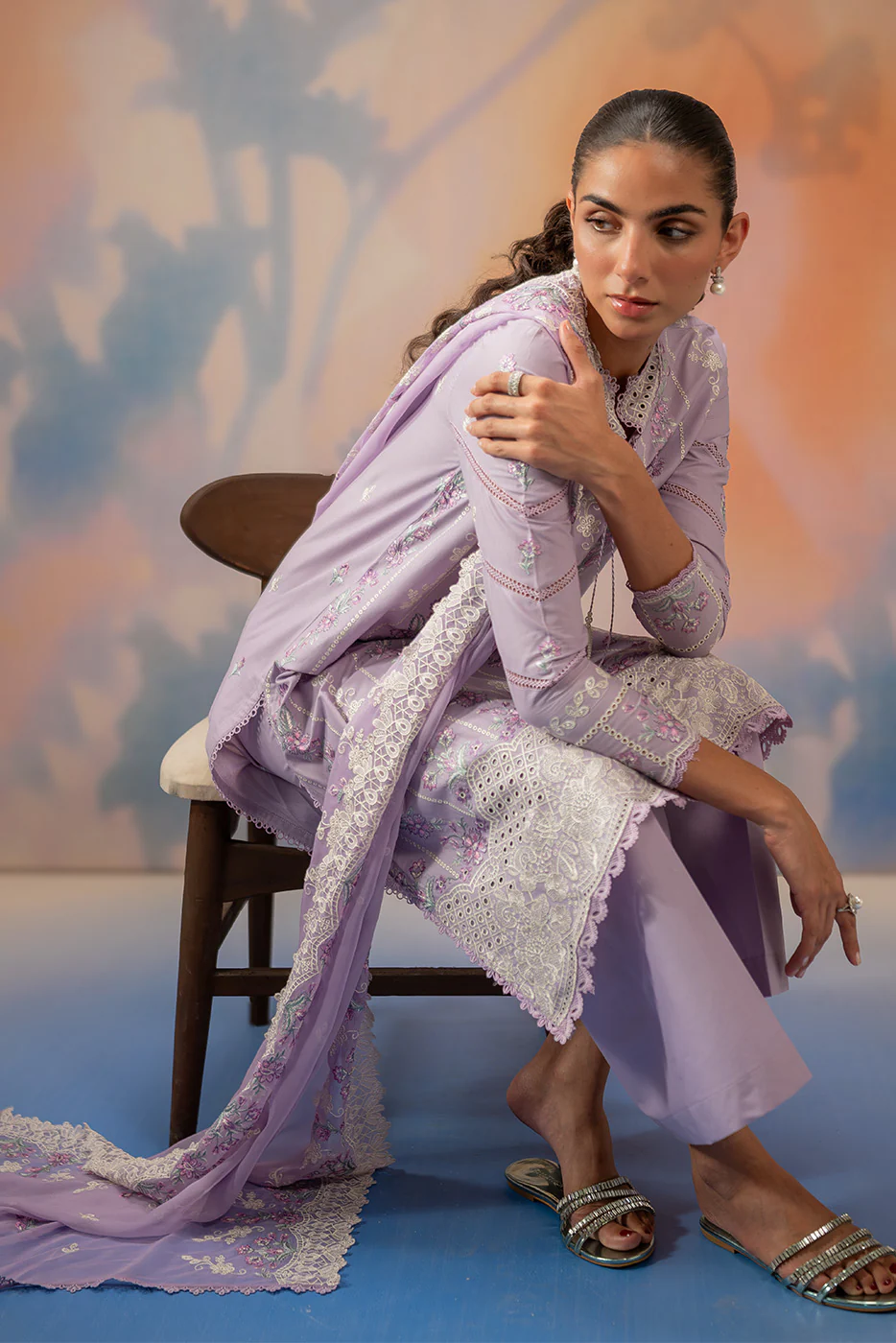 3 PIECE EMBROIDERED CHIKANKARI SUIT WITH BAMBER DUPATTA-LAVENDER LUXE (UNSTITCHED) - Image 7
