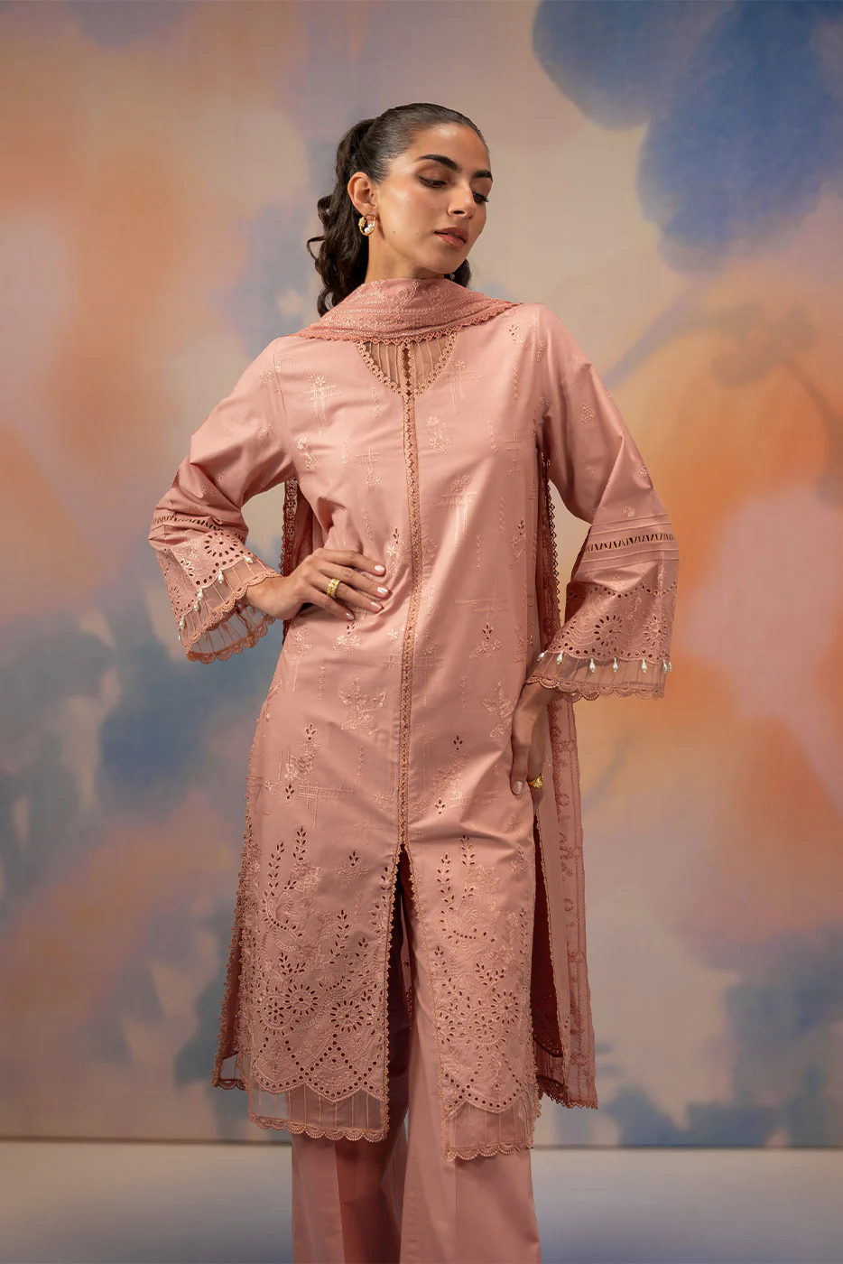 3 PIECE EMBROIDERED CHIKANKARI SUIT WITH BAMBER DUPATTA-BLUSH BLOOM (UNSTITCHED) - Image 4