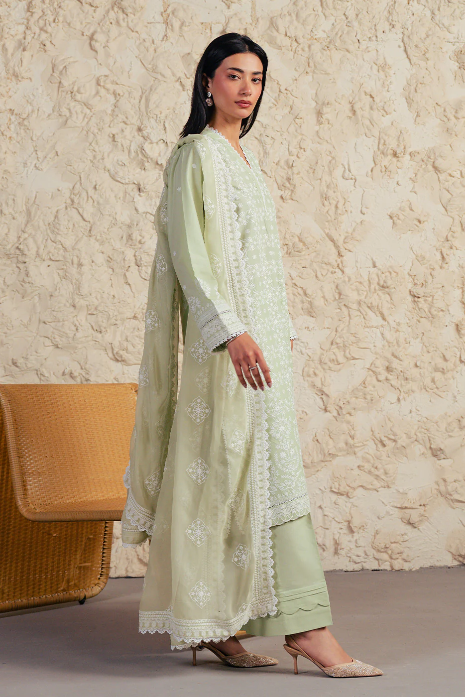 3 PIECE EMBROIDERED LAWN SUIT WITH BAMBER CHIFFON DUPATTA-MINT FROST (UNSTITCHED) - Image 3