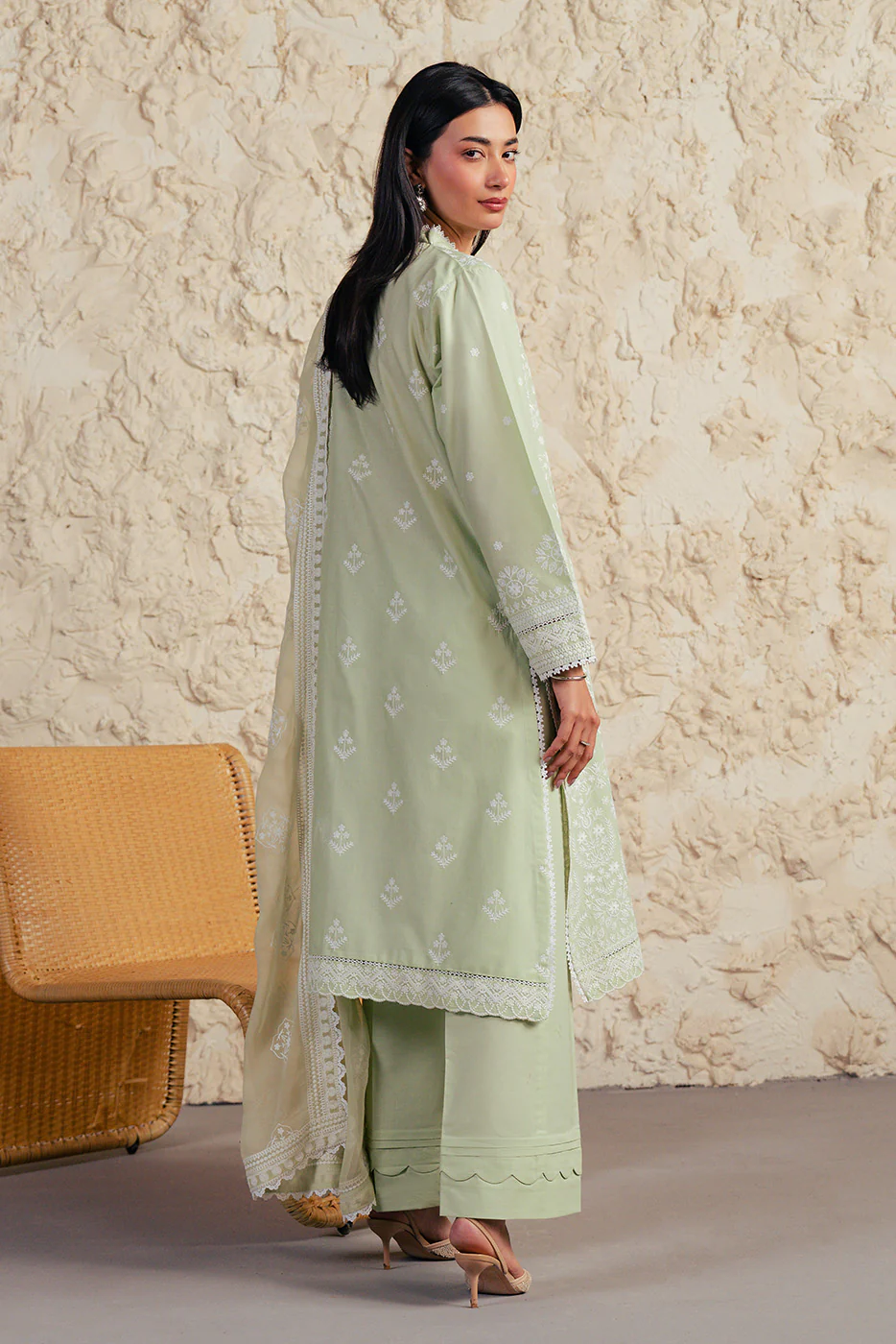 3 PIECE EMBROIDERED LAWN SUIT WITH BAMBER CHIFFON DUPATTA-MINT FROST (UNSTITCHED) - Image 4