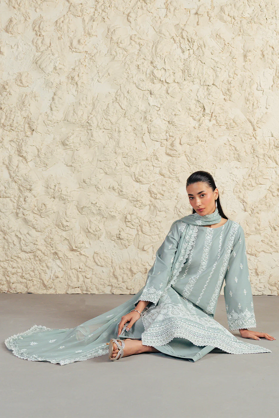 3 PIECE EMBROIDERED LAWN SUIT WITH BAMBER CHIFFON DUPATTA-MISTY JADE (UNSTITCHED) - Image 7