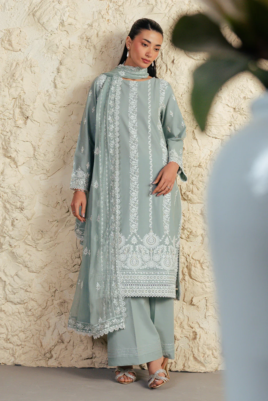 3 PIECE EMBROIDERED LAWN SUIT WITH BAMBER CHIFFON DUPATTA-MISTY JADE (UNSTITCHED) - Image 8