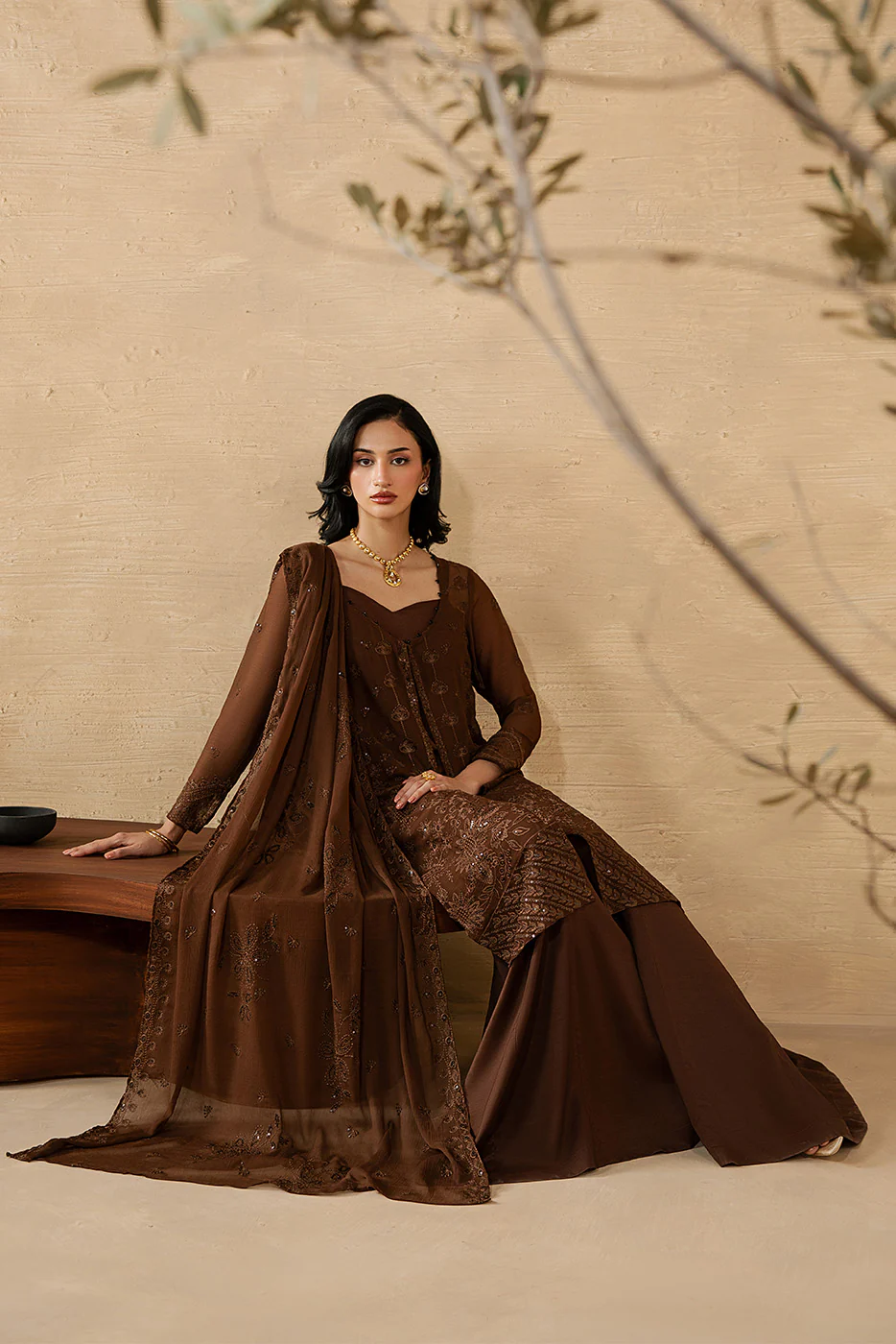 4 PIECE EMBROIDERED CHIFFON SUIT-MOCHA CRÈME (LUXURY UNSTITCHED) - Image 2