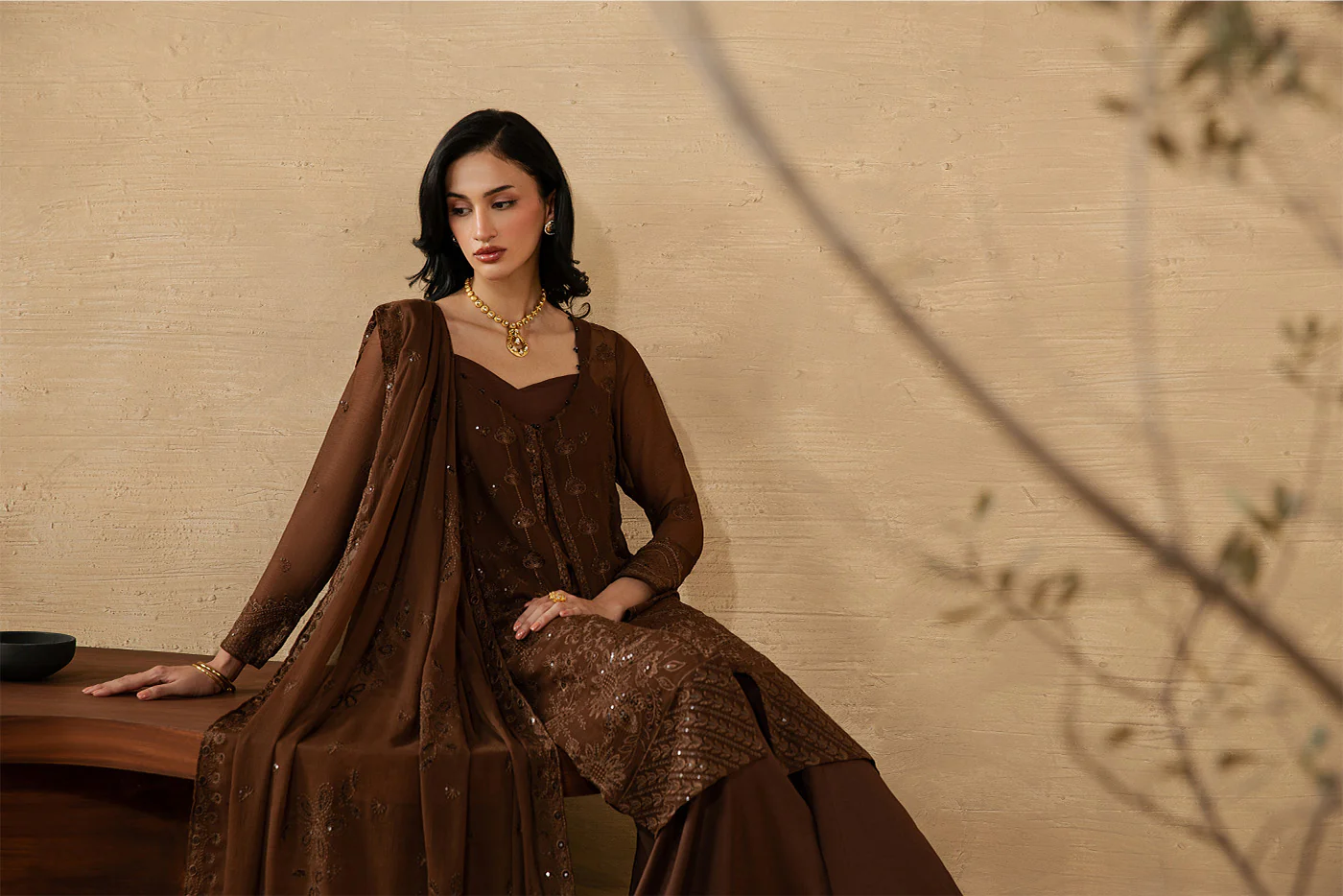 4 PIECE EMBROIDERED CHIFFON SUIT-MOCHA CRÈME (LUXURY UNSTITCHED) - Image 3