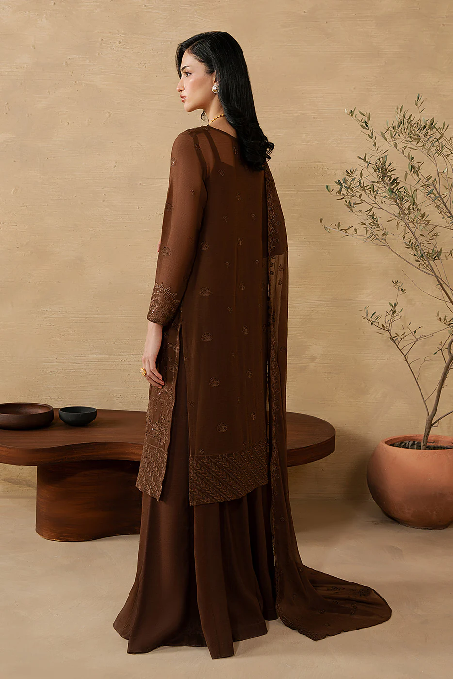 4 PIECE EMBROIDERED CHIFFON SUIT-MOCHA CRÈME (LUXURY UNSTITCHED) - Image 5