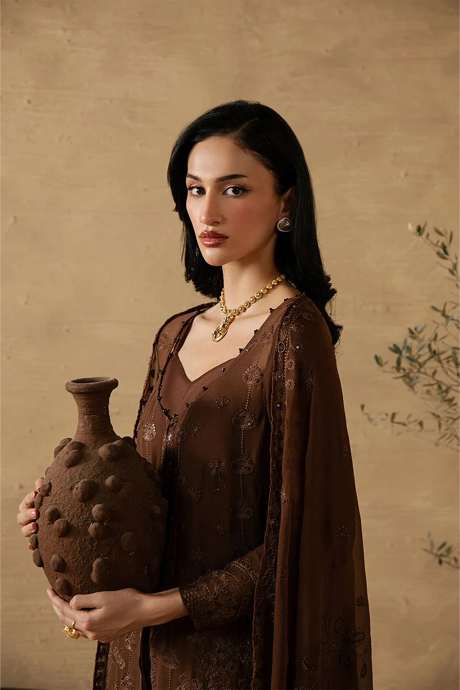 4 PIECE EMBROIDERED CHIFFON SUIT-MOCHA CRÈME (LUXURY UNSTITCHED) - Image 6