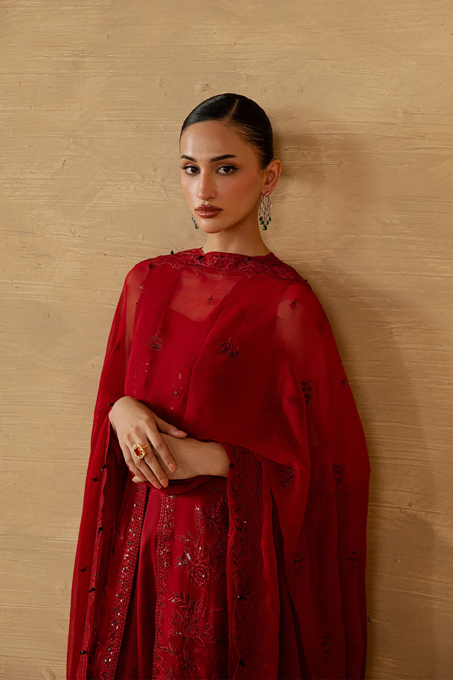 4 PIECE EMBROIDERED CHIFFON SUIT-DEEP INFERNO (LUXURY UNSTITCHED) - Image 2