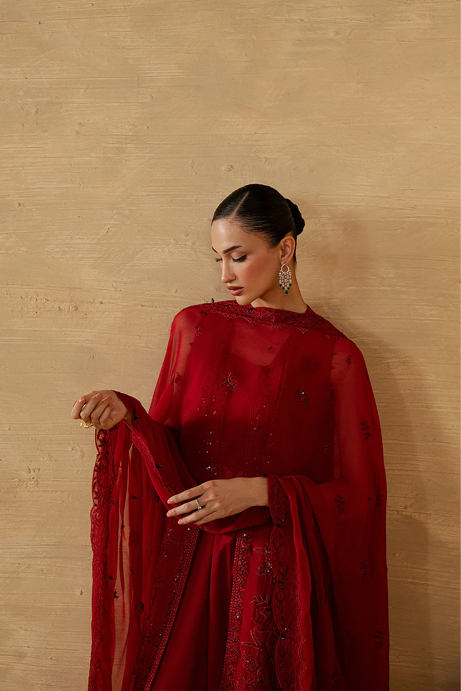 4 PIECE EMBROIDERED CHIFFON SUIT-DEEP INFERNO (LUXURY UNSTITCHED) - Image 3