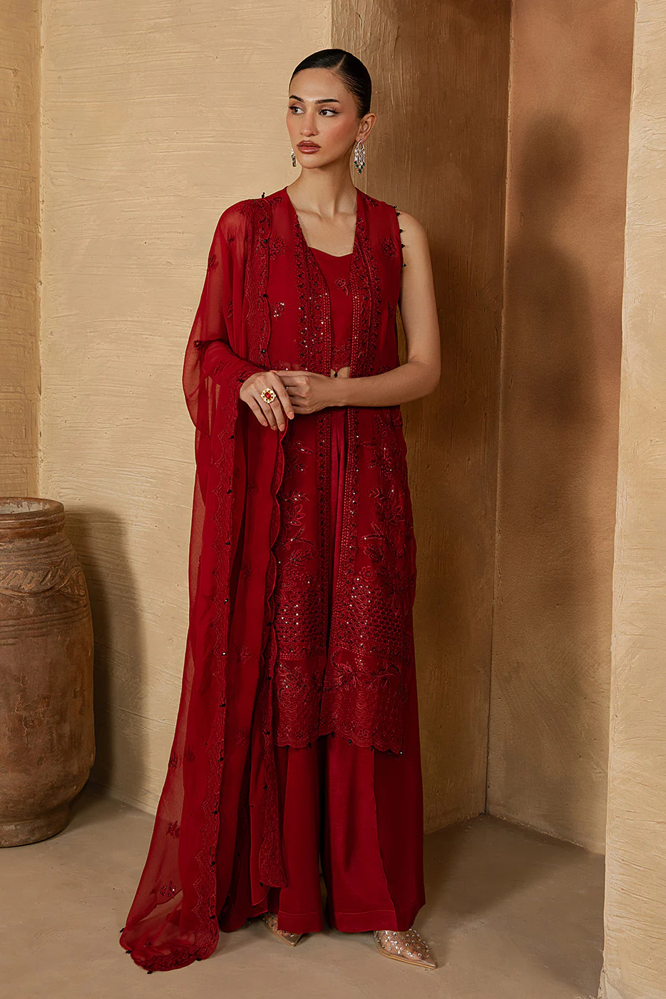 4 PIECE EMBROIDERED CHIFFON SUIT-DEEP INFERNO (LUXURY UNSTITCHED) - Image 4