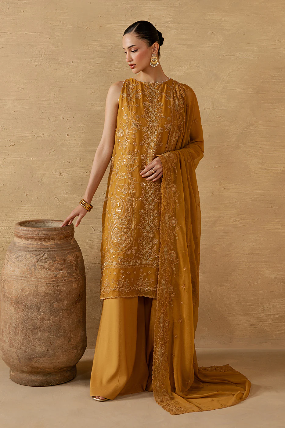 4 PIECE EMBROIDERED CHIFFON SUIT-GOLD SECRET (LUXURY UNSTITCHED) - Image 2