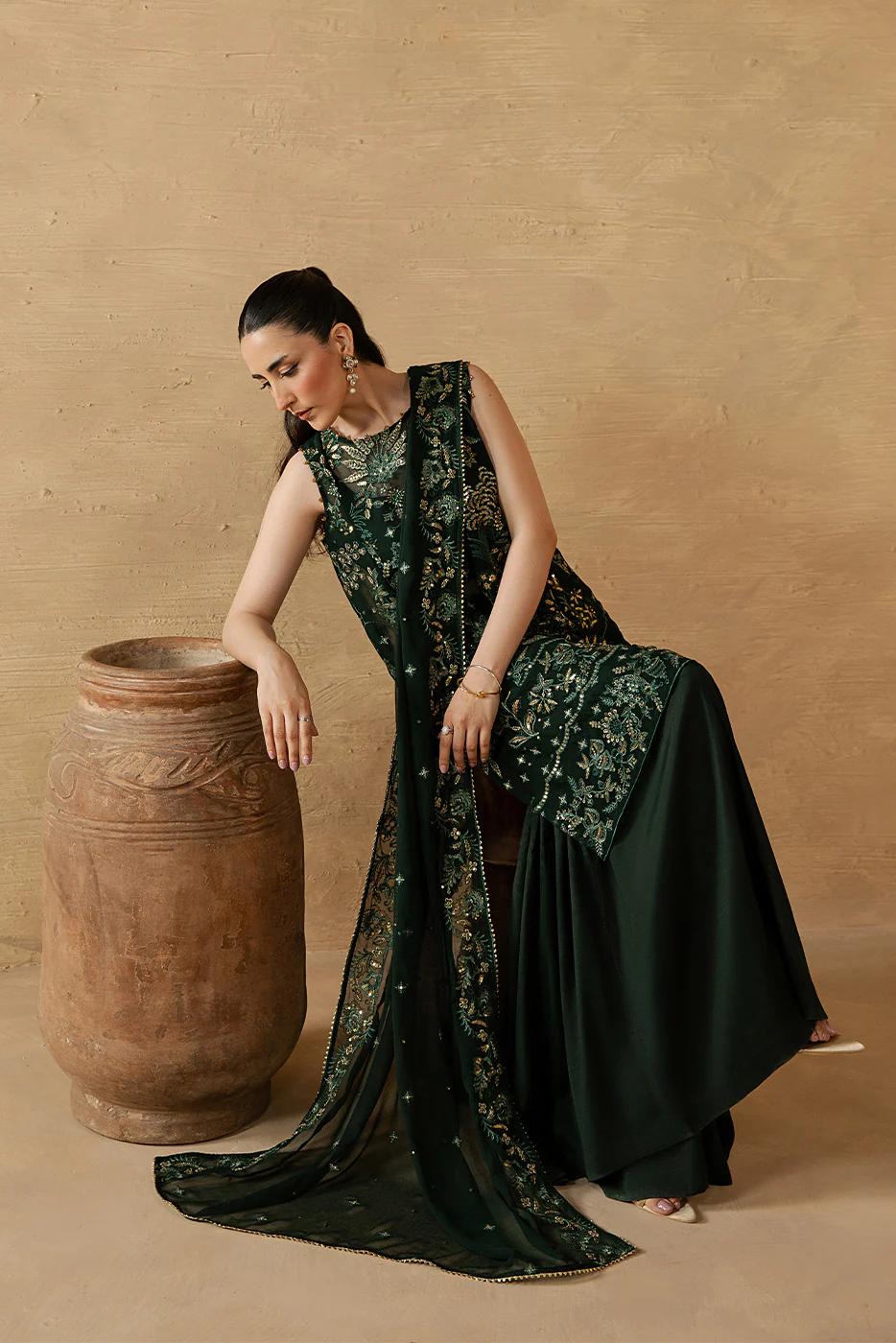 4 PIECE EMBROIDERED CHIFFON SUIT-EVERGREEN GROVE (LUXURY UNSTITCHED) - Image 4