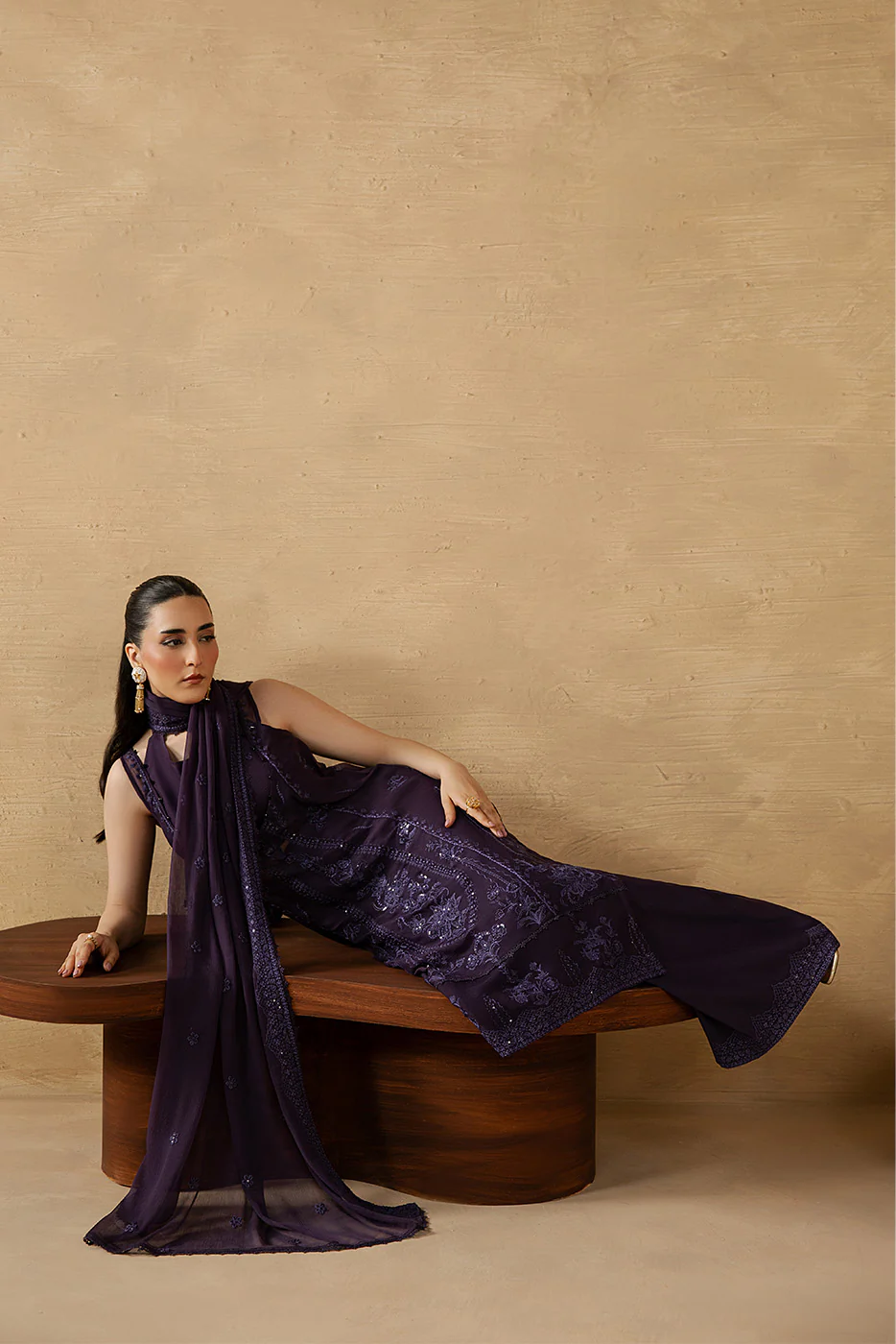 4 PIECE EMBROIDERED CHIFFON SUIT-FEMME NOIR (LUXURY UNSTITCHED) - Image 3