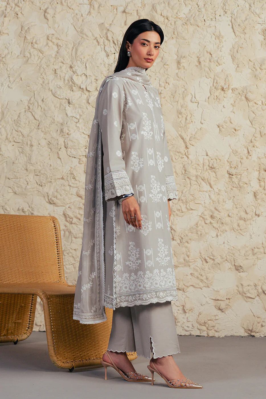 3 PIECE EMBROIDERED SUIT WITH BAMBER CHIFFON DUPATTA-GREY GRANITE (UNSTITCHED) - Image 3