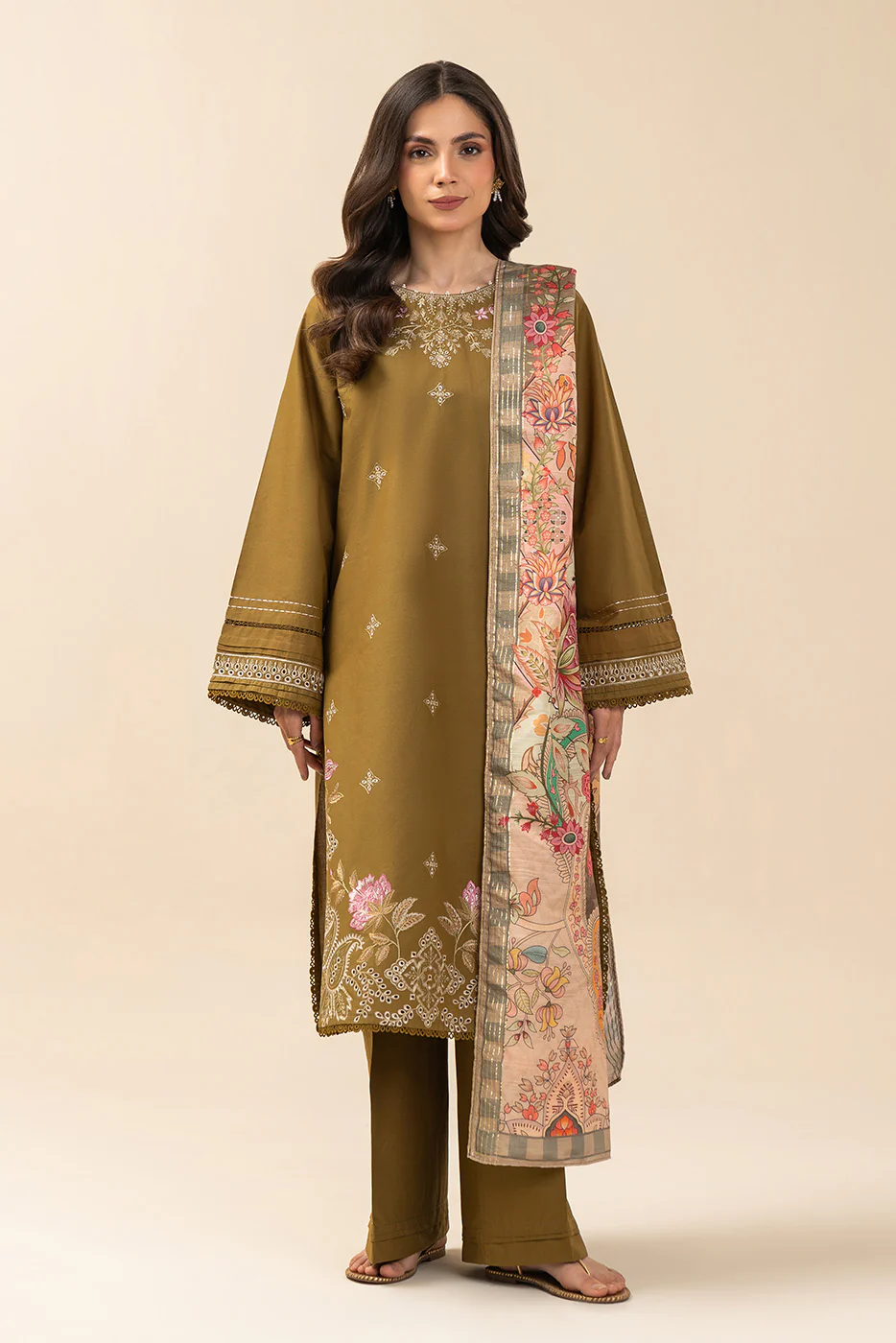 3 PIECE EMBROIDERED LAWN SUIT-OLIVE CHARM (UNSTITCHED) - Image 2