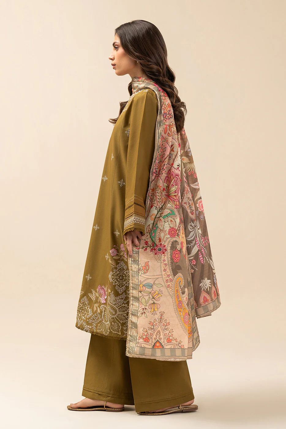 3 PIECE EMBROIDERED LAWN SUIT-OLIVE CHARM (UNSTITCHED) - Image 3