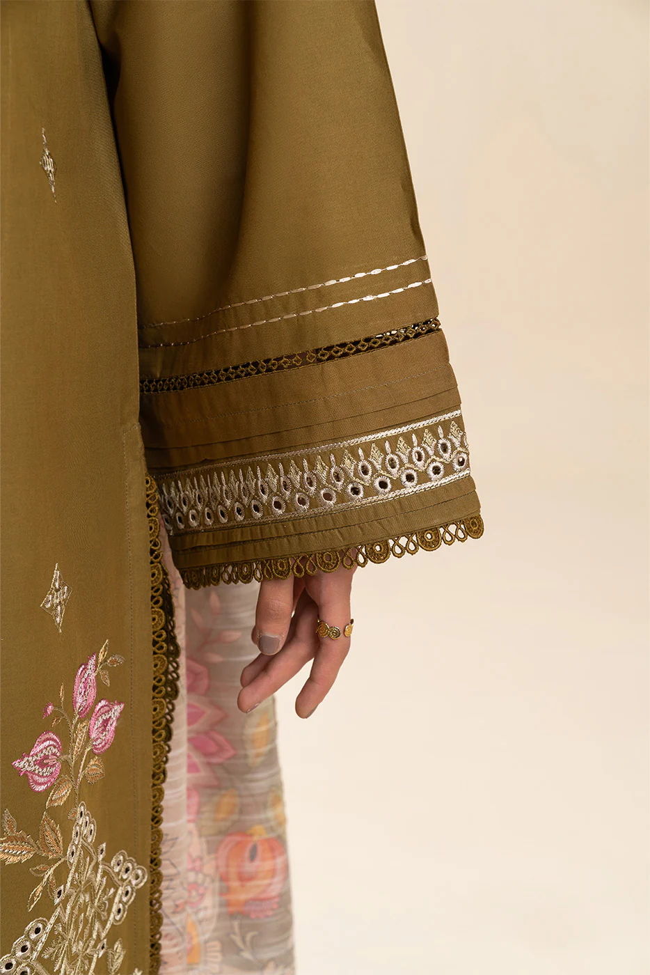 3 PIECE EMBROIDERED LAWN SUIT-OLIVE CHARM (UNSTITCHED) - Image 6