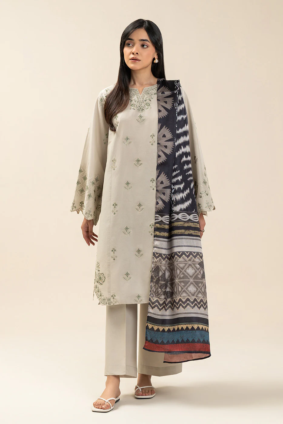 3 PIECE EMBROIDERED LAWN SUIT-OYSTER BUD (UNSTITCHED) - Image 2