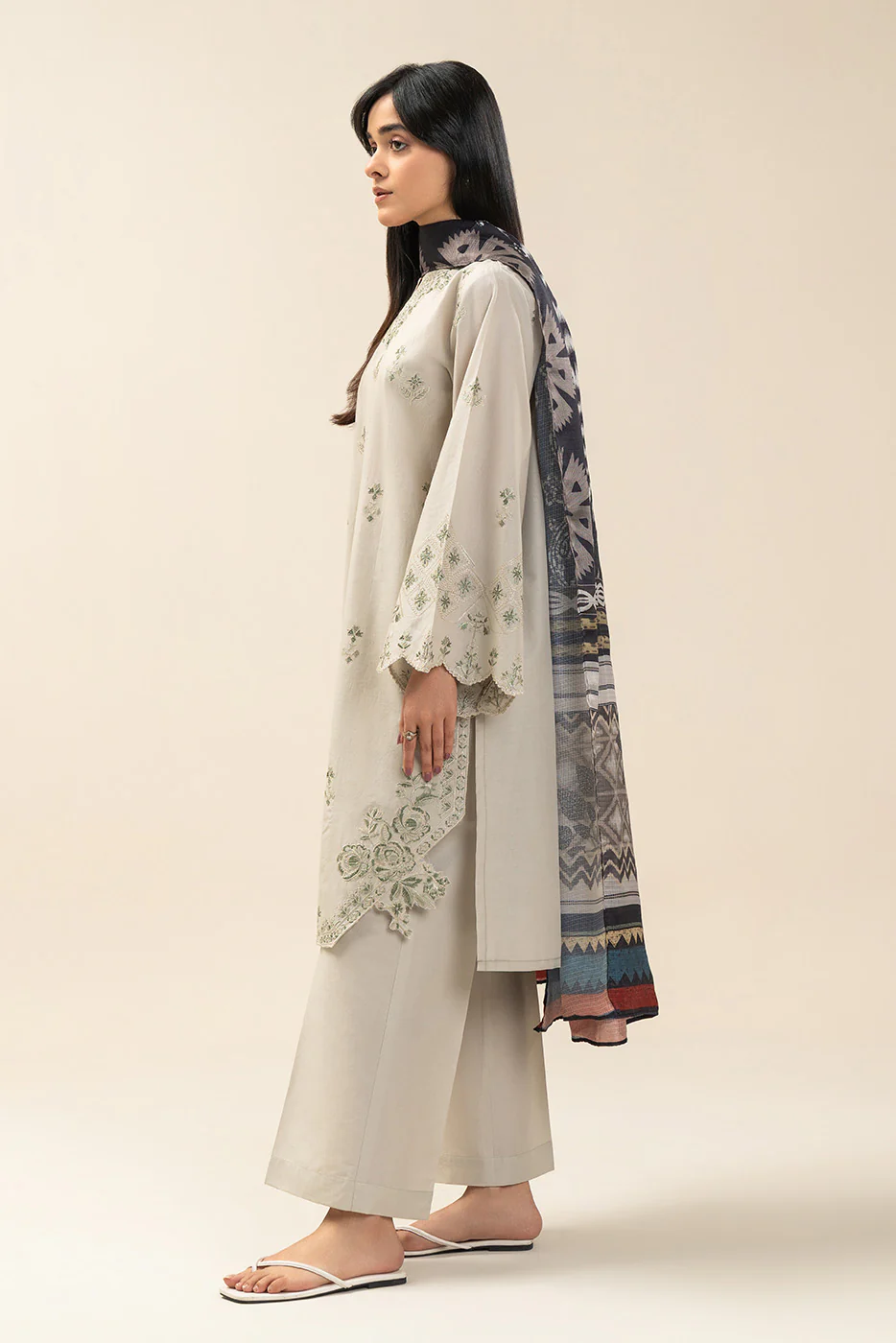 3 PIECE EMBROIDERED LAWN SUIT-OYSTER BUD (UNSTITCHED) - Image 3