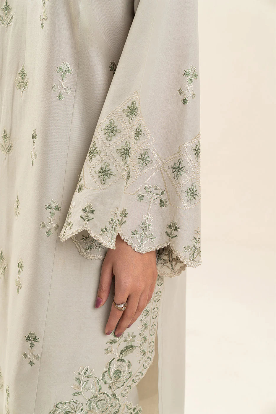 3 PIECE EMBROIDERED LAWN SUIT-OYSTER BUD (UNSTITCHED) - Image 6