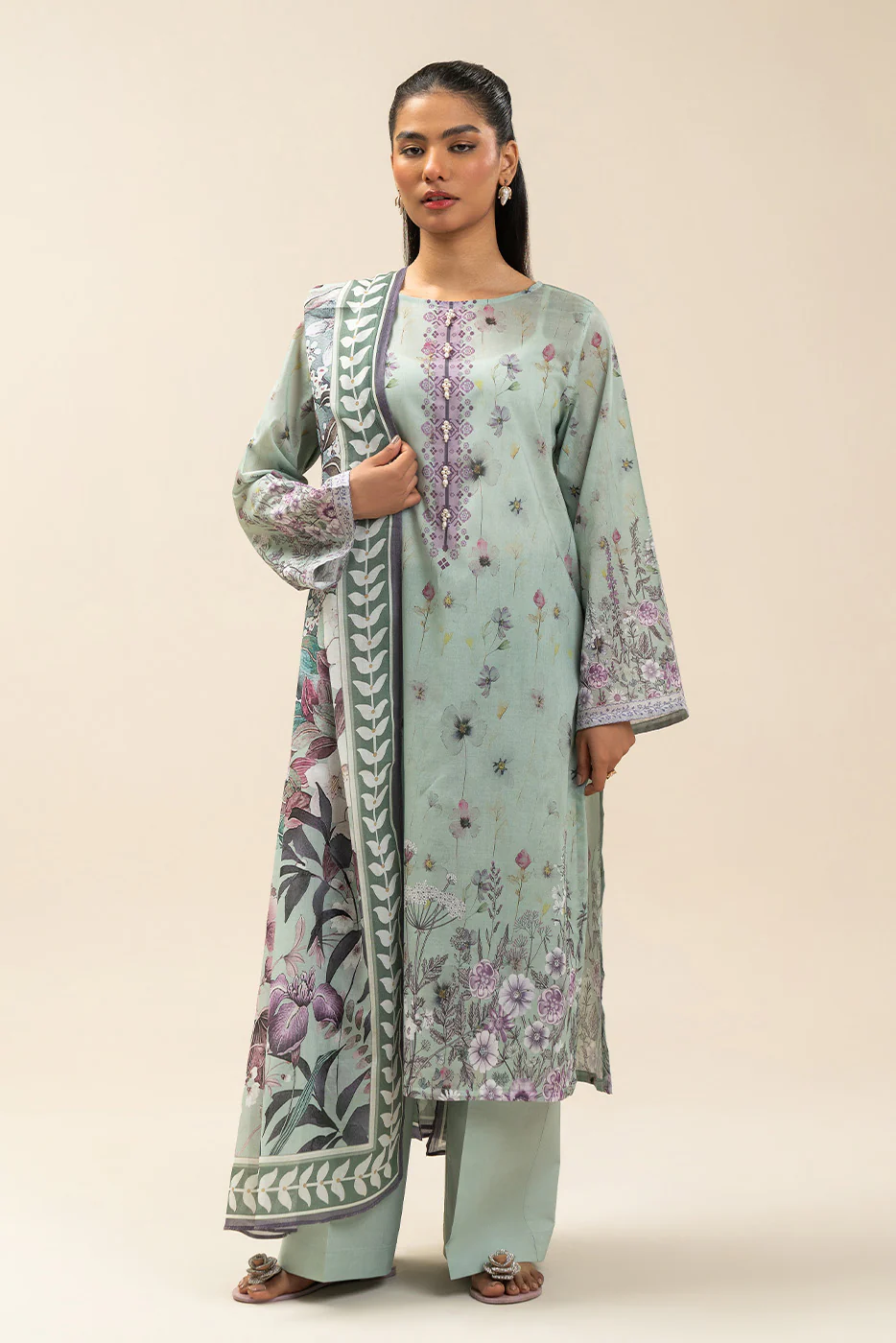 3 PIECE PRINTED LAWN SUIT-FLORET MINT (UNSTITCHED) - Image 2