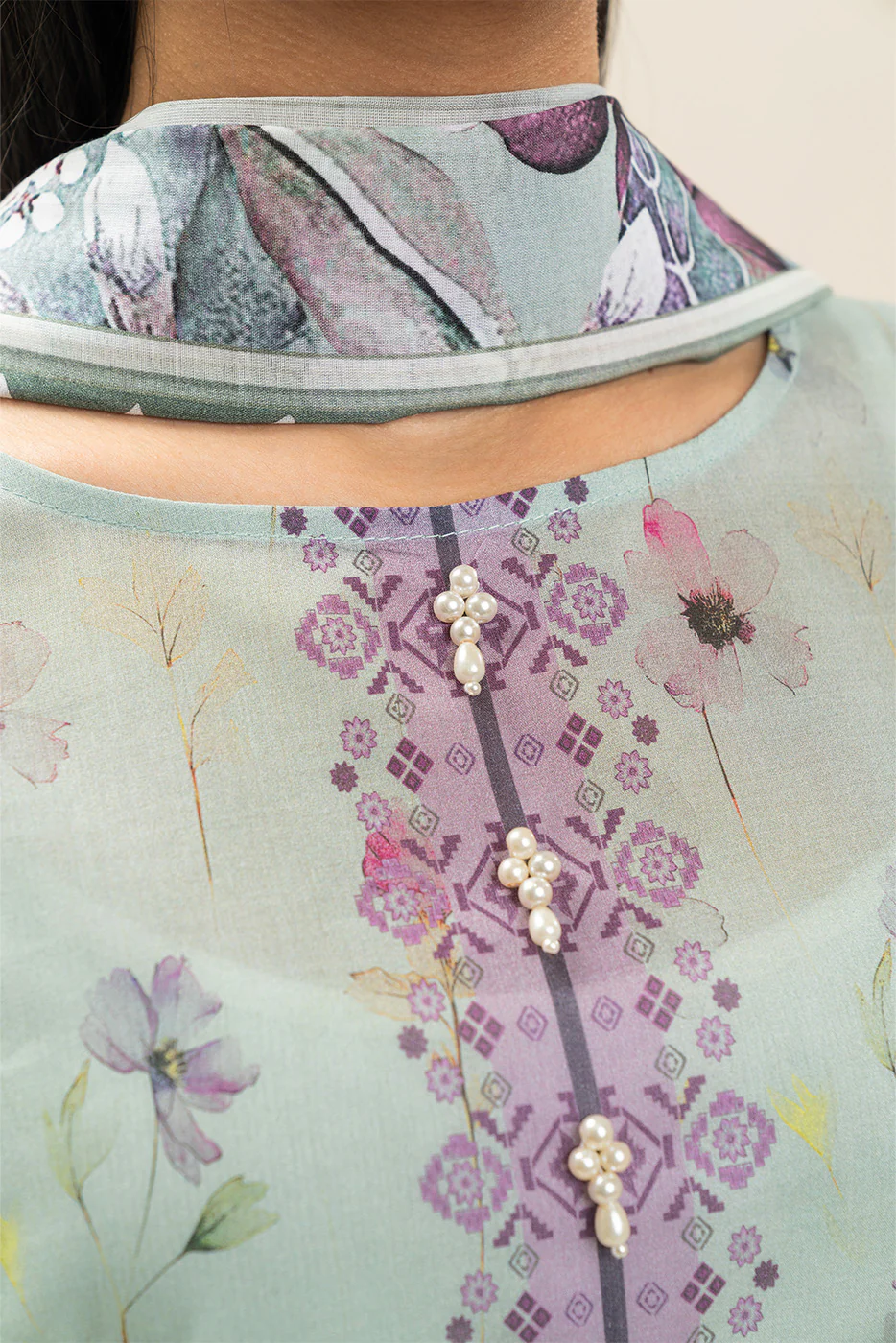 3 PIECE PRINTED LAWN SUIT-FLORET MINT (UNSTITCHED) - Image 5