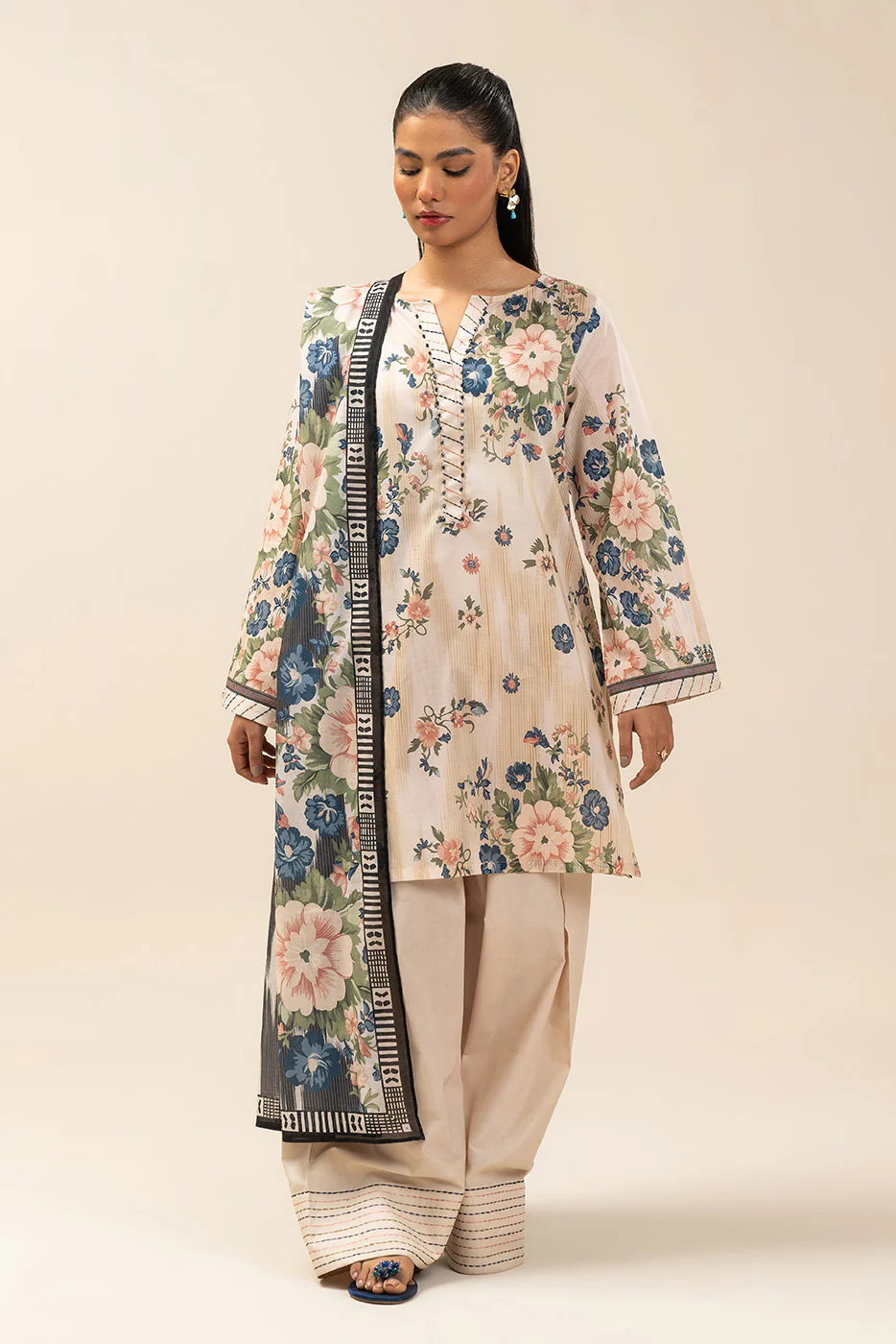 3 PIECE PRINTED LAWN SUIT-IVORY FLORET (UNSTITCHED) - Image 2