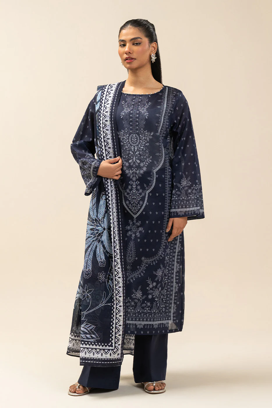 3 PIECE PRINTED LAWN SUIT-BLUE AMBER (UNSTITCHED) - Image 2