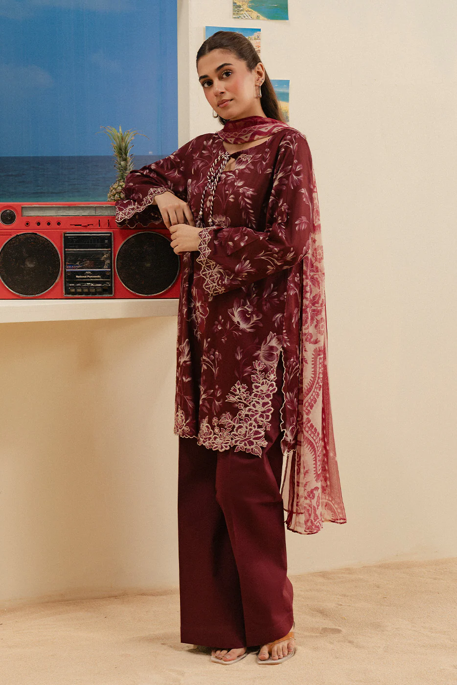 3 PIECE EMBROIDERED LAWN SUIT-SCARLET VINE (UNSTITCHED) - Image 2