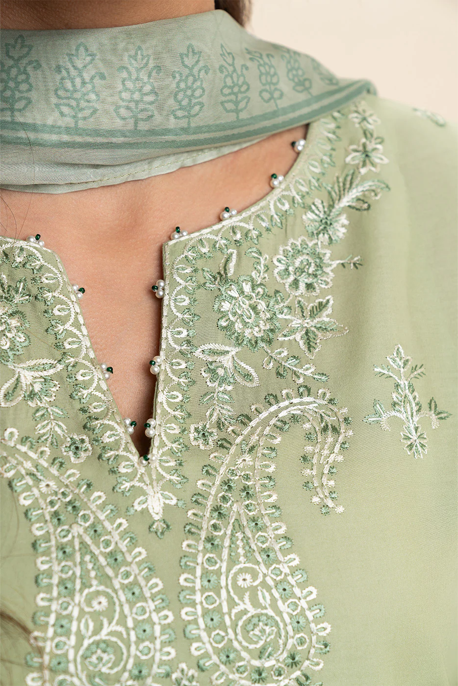 3 PIECE EMBROIDERED LAWN SUIT-GREEN SMOKE (UNSTITCHED) - Image 5