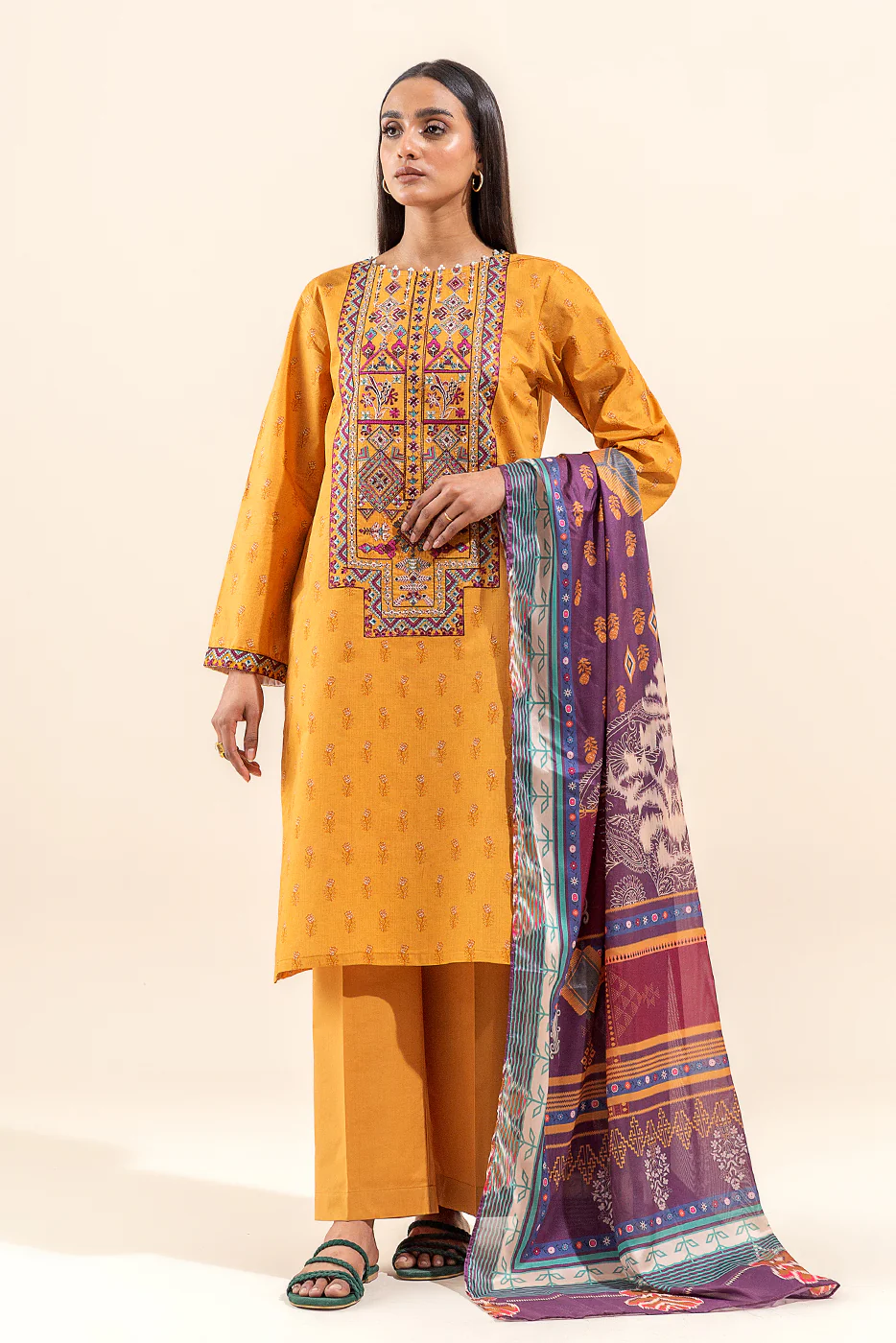 3 PIECE EMBROIDERED LAWN SUIT-SAFFRON GLORY (UNSTITCHED) - Image 6