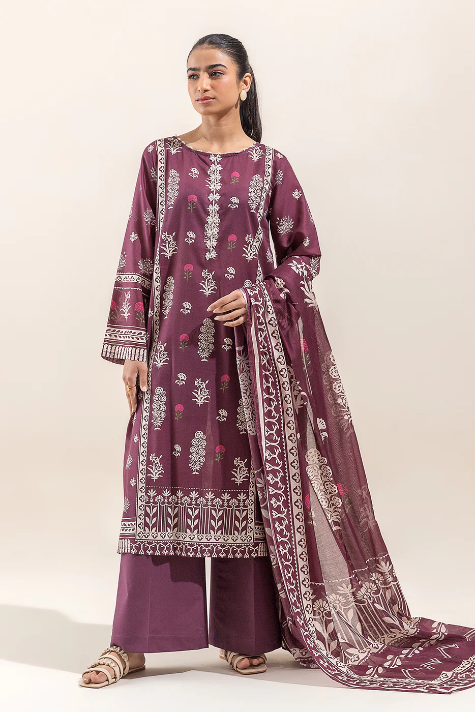 3 PIECE PRINTED LAWN SUIT-RED DAHLIA (UNSTITCHED) - Image 5