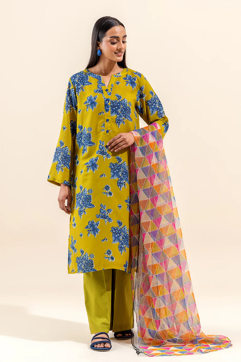 3 PIECE PRINTED LAWN SUIT-LIME AZURE (UNSTITCHED) - Image 6