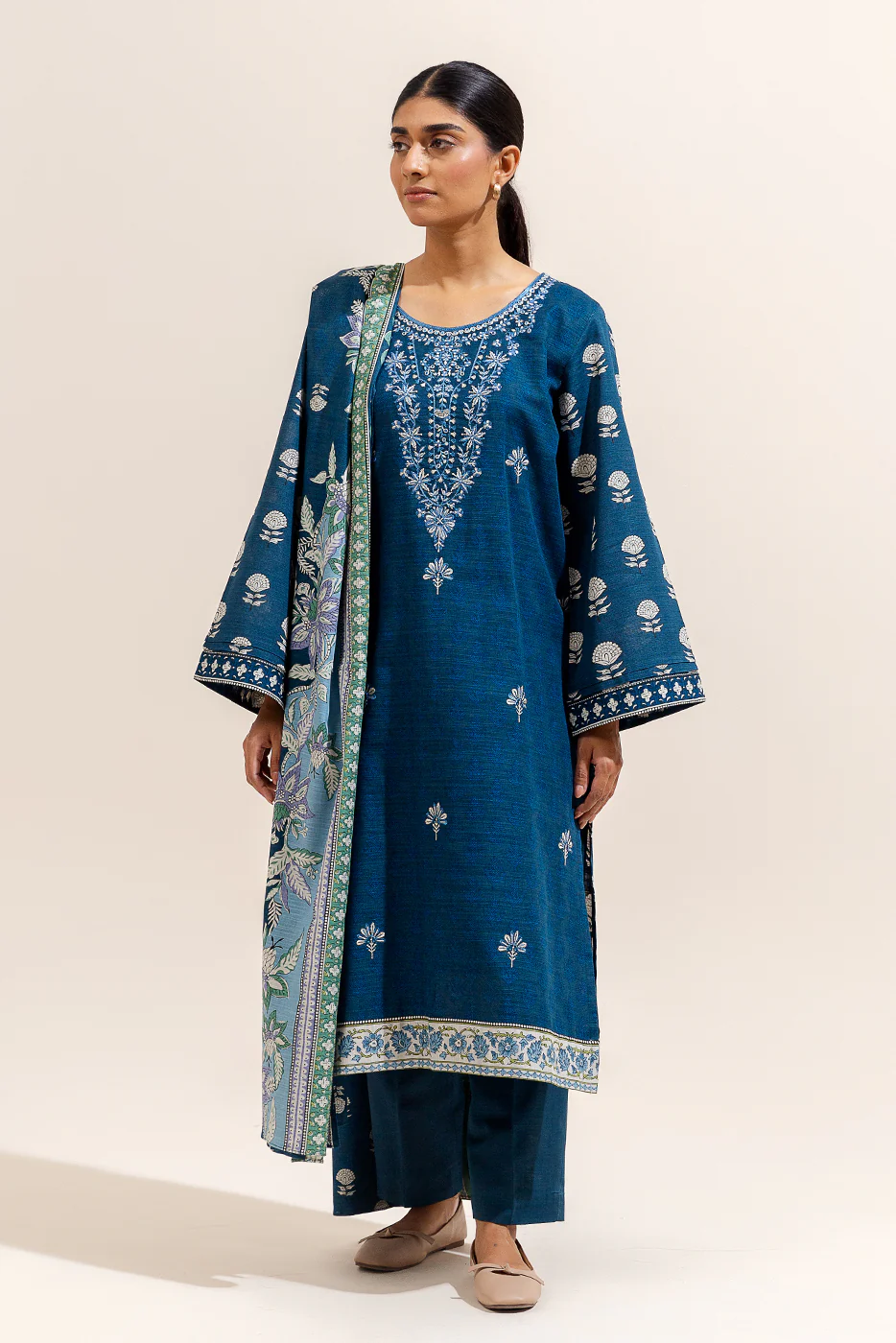3 PIECE EMBROIDERED KHADDAR SUIT-CELESTIAL NAVY (UNSTITCHED) - Image 2