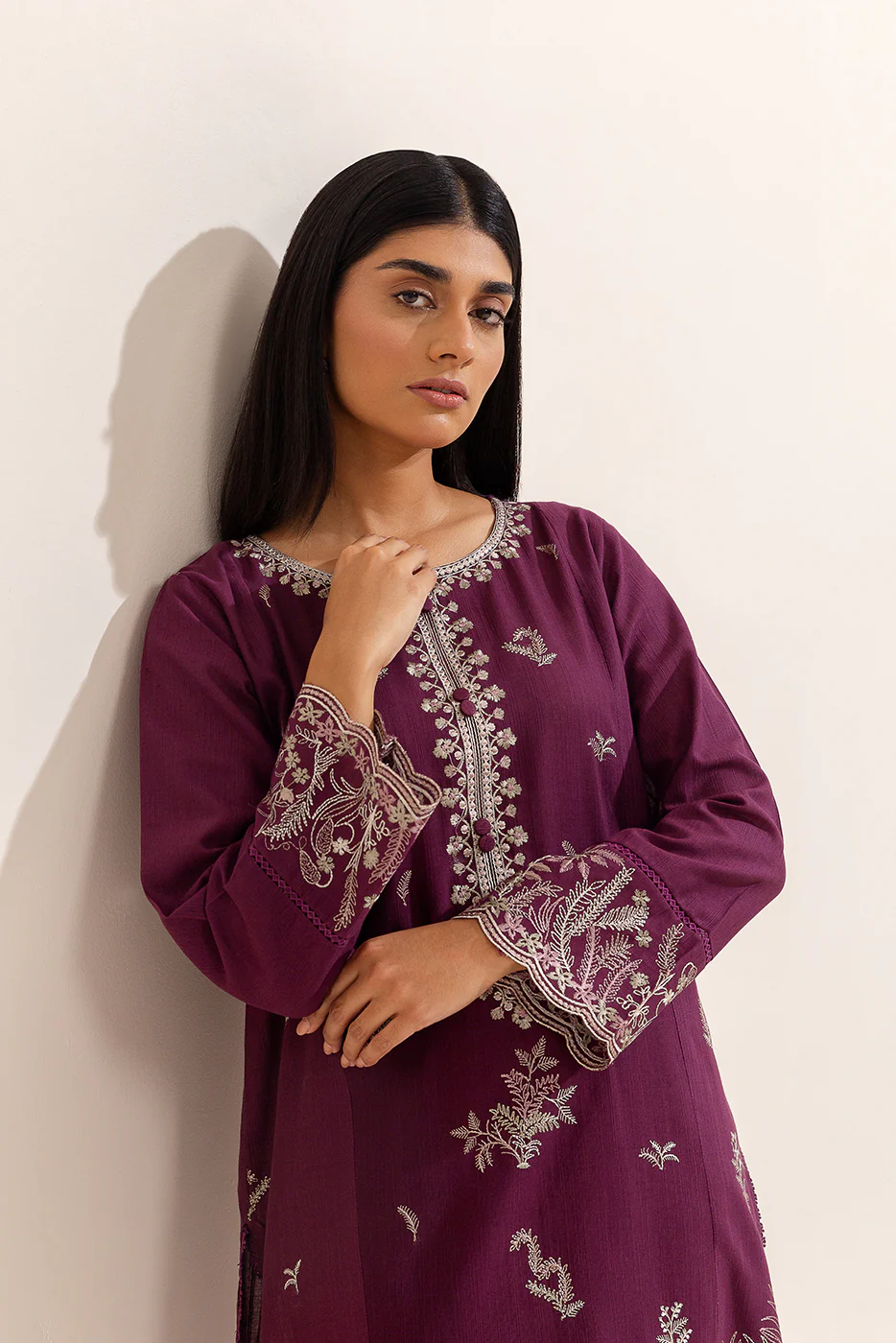 2 PIECE EMBROIDERED KHADDAR SUIT-DEEP BERRY (UNSTITCHED) - Image 2