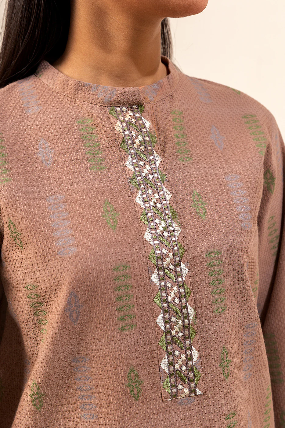 2 PIECE EMBROIDERED JACQUARD SUIT-NOMADIC GREIGE (UNSTITCHED) - Image 2