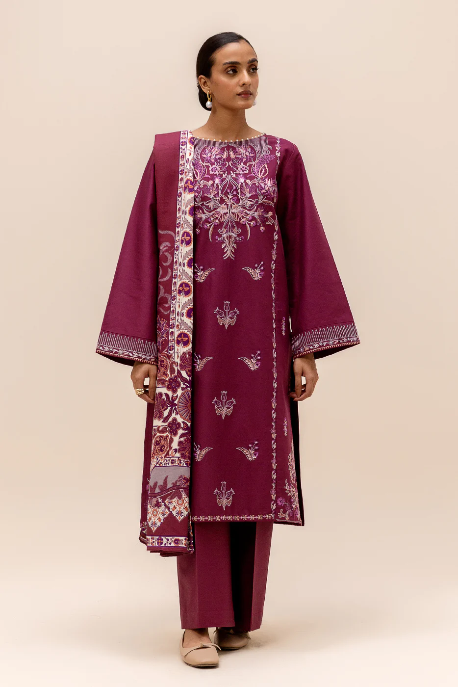 3 PIECE EMBROIDERED SATIN SUIT-SANGRIA SHADE (UNSTITCHED) - Image 2