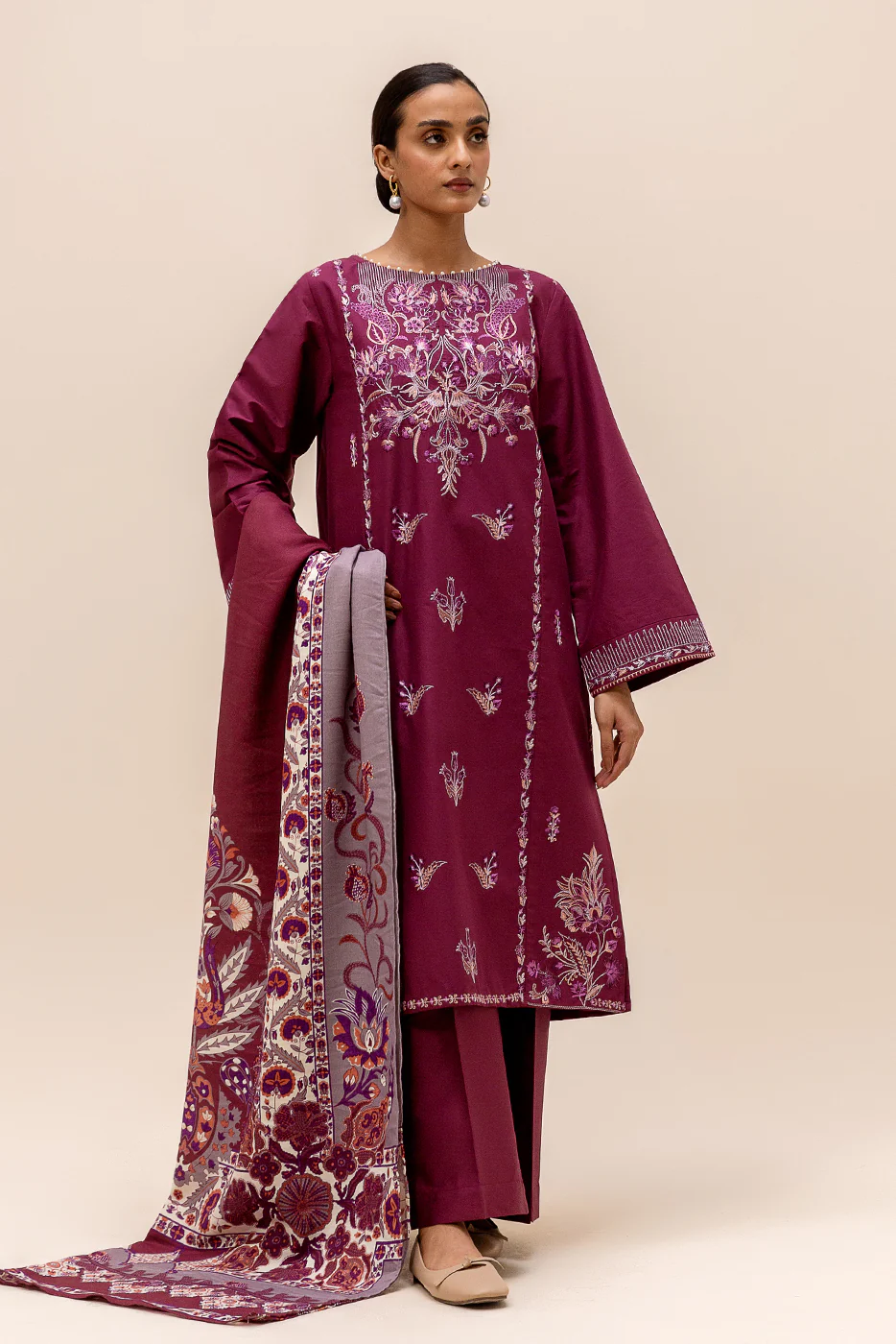 3 PIECE EMBROIDERED SATIN SUIT-SANGRIA SHADE (UNSTITCHED) - Image 3