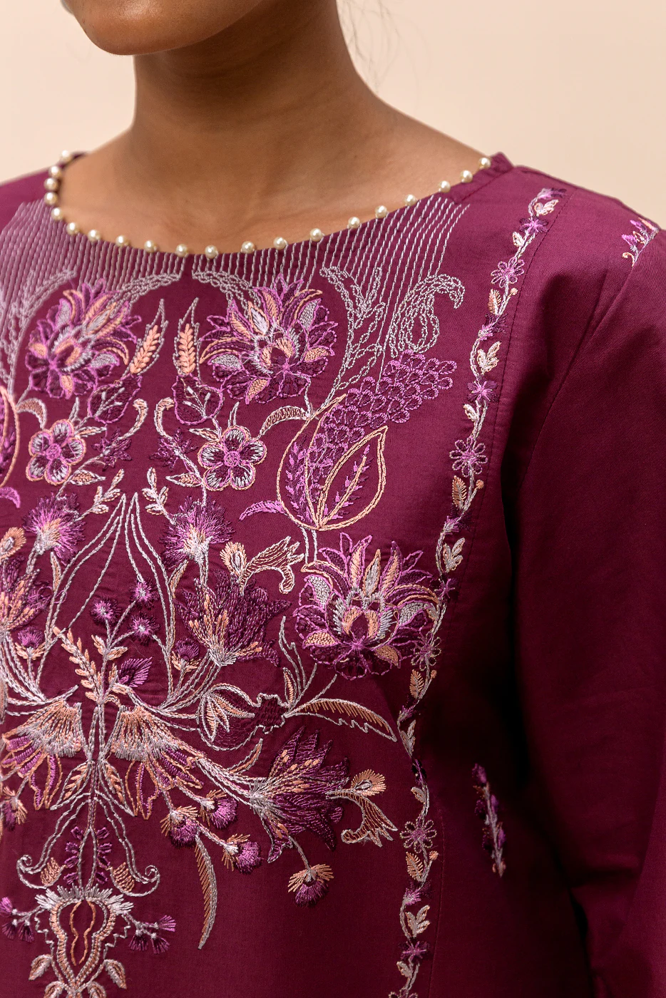 3 PIECE EMBROIDERED SATIN SUIT-SANGRIA SHADE (UNSTITCHED) - Image 5