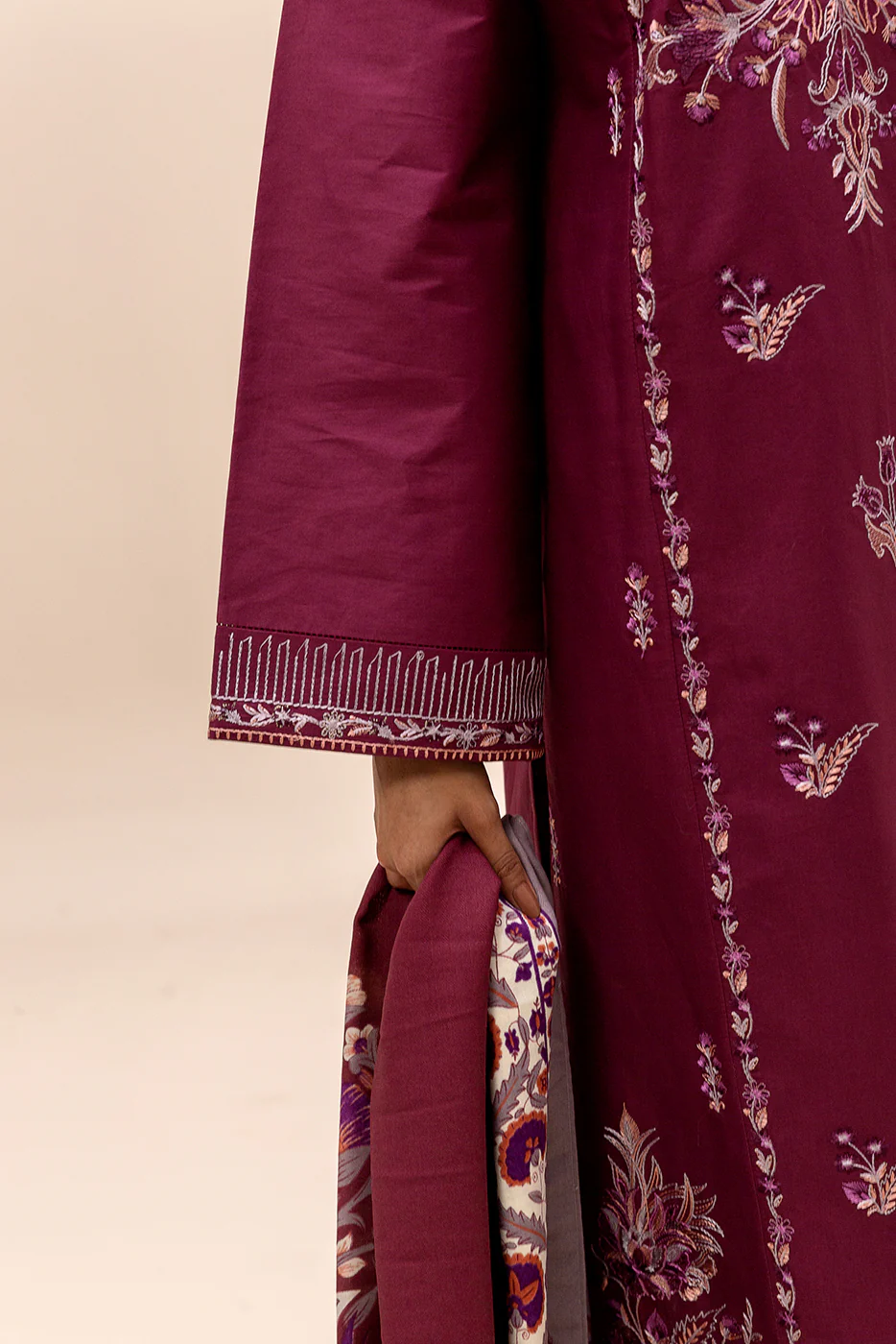 3 PIECE EMBROIDERED SATIN SUIT-SANGRIA SHADE (UNSTITCHED) - Image 6