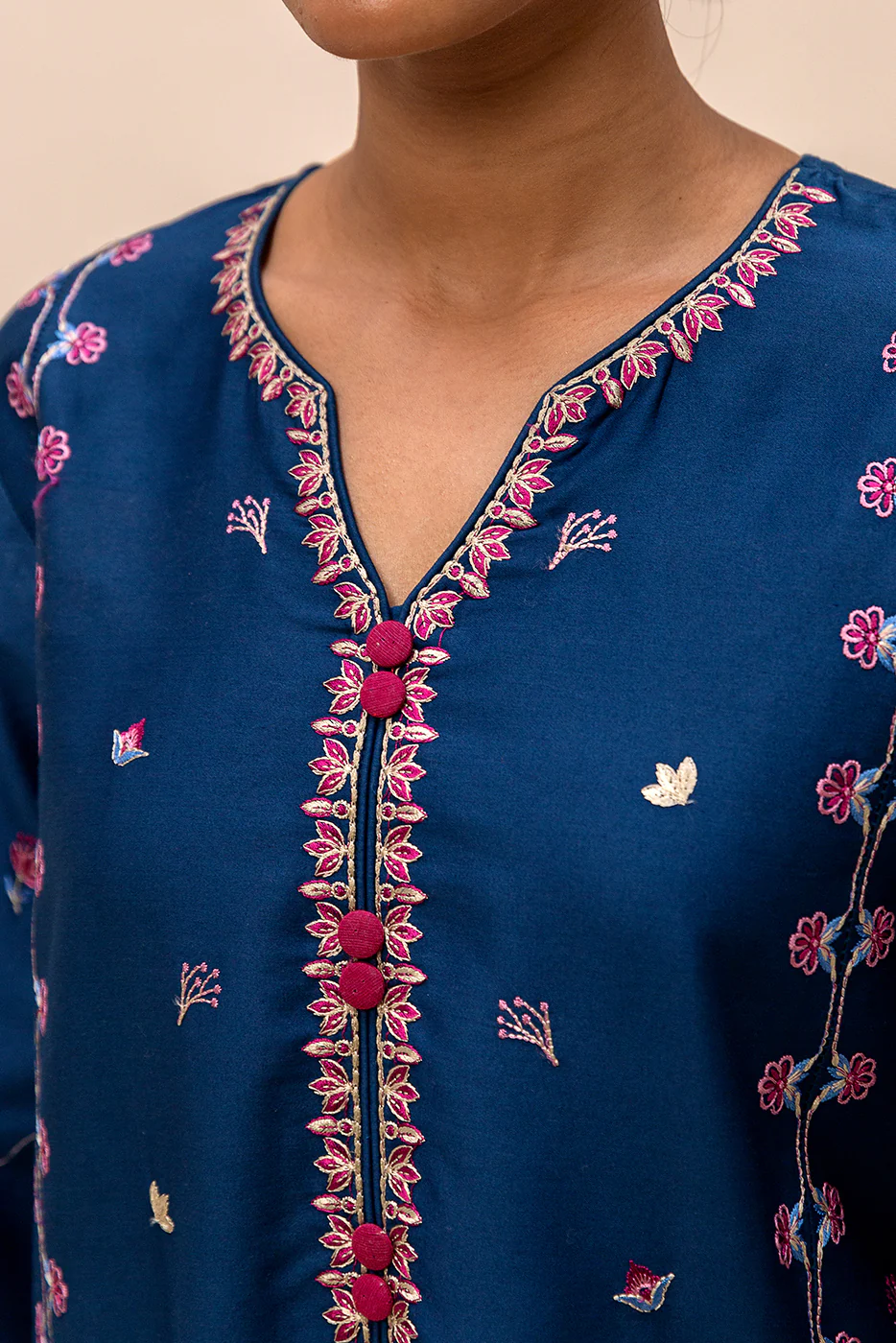3 PIECE EMBROIDERED SATIN SUIT-AEGEAN BLOOM (UNSTITCHED) - Image 5