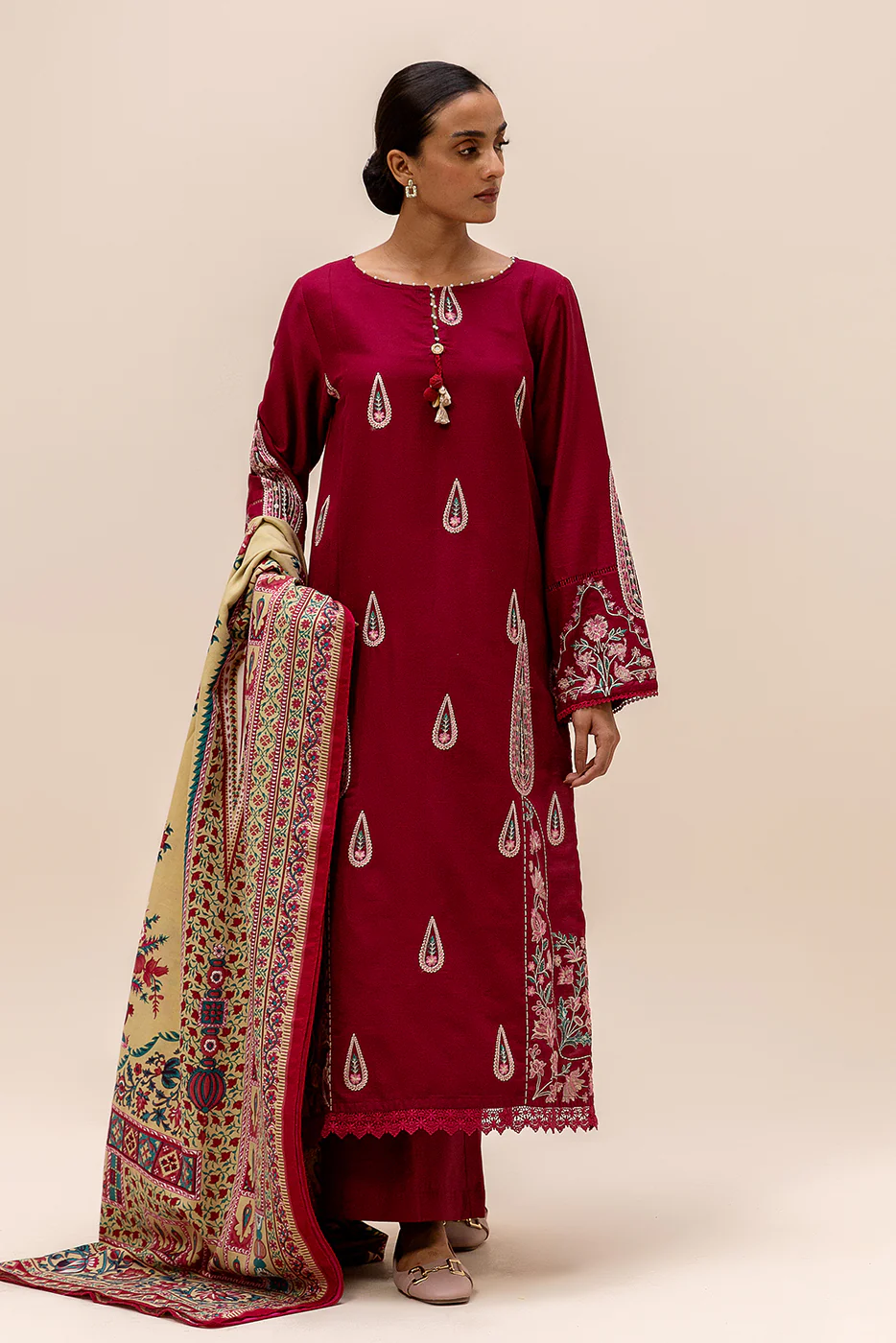 3 PIECE EMBROIDERED SATIN SUIT-BURGUNDY GRACE (UNSTITCHED) - Image 3