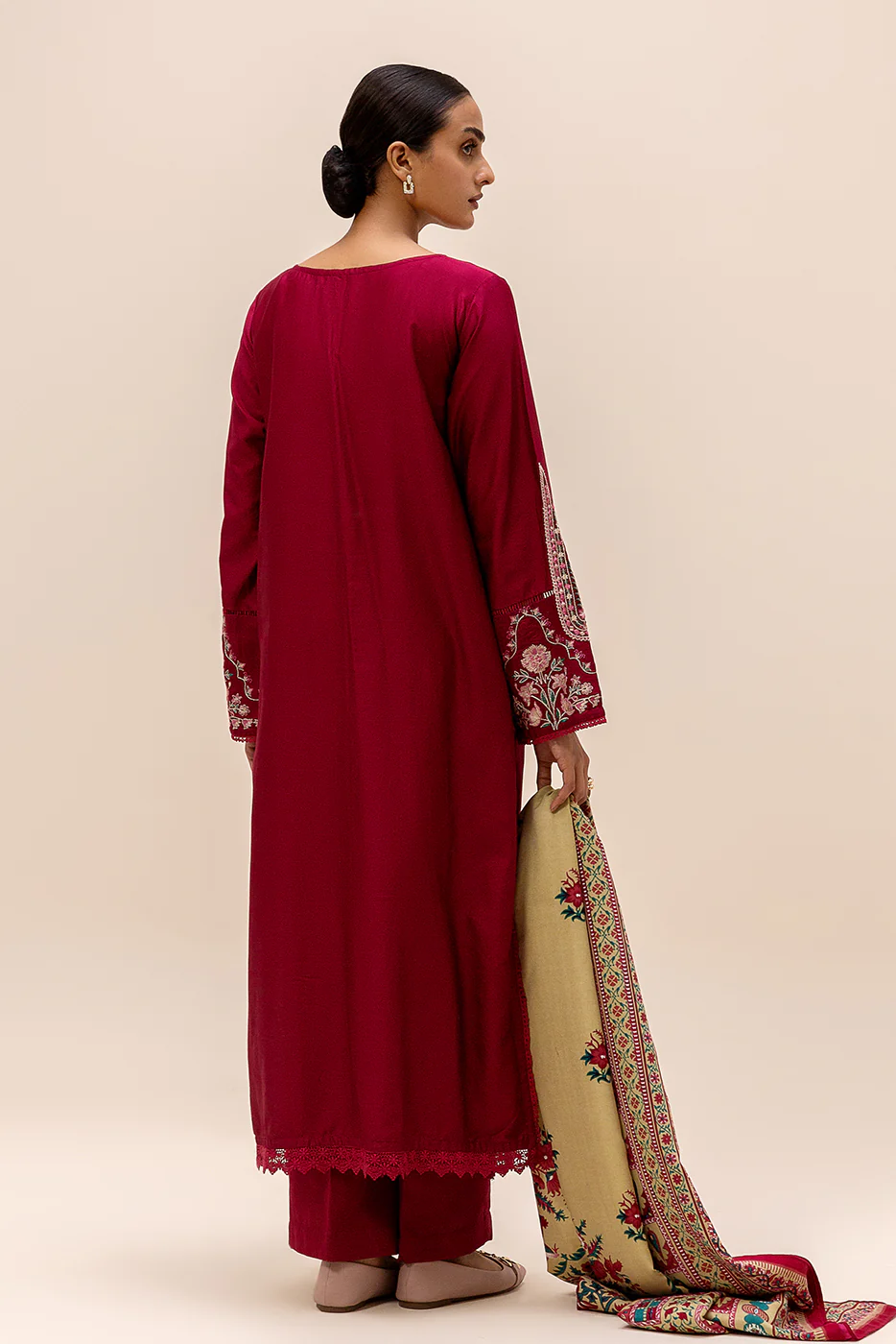 3 PIECE EMBROIDERED SATIN SUIT-BURGUNDY GRACE (UNSTITCHED) - Image 4