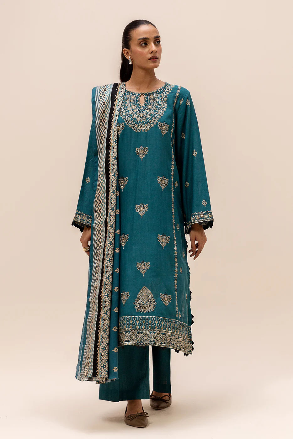 3 PIECE EMBROIDERED KHADDAR SUIT-TEAL SKY (UNSTITCHED) - Image 2