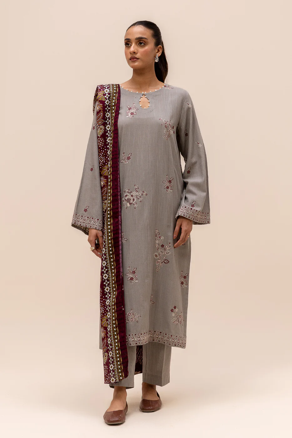 3 PIECE EMBROIDERED KHADDAR SUIT-FOSSIL DEW (UNSTITCHED) - Image 2