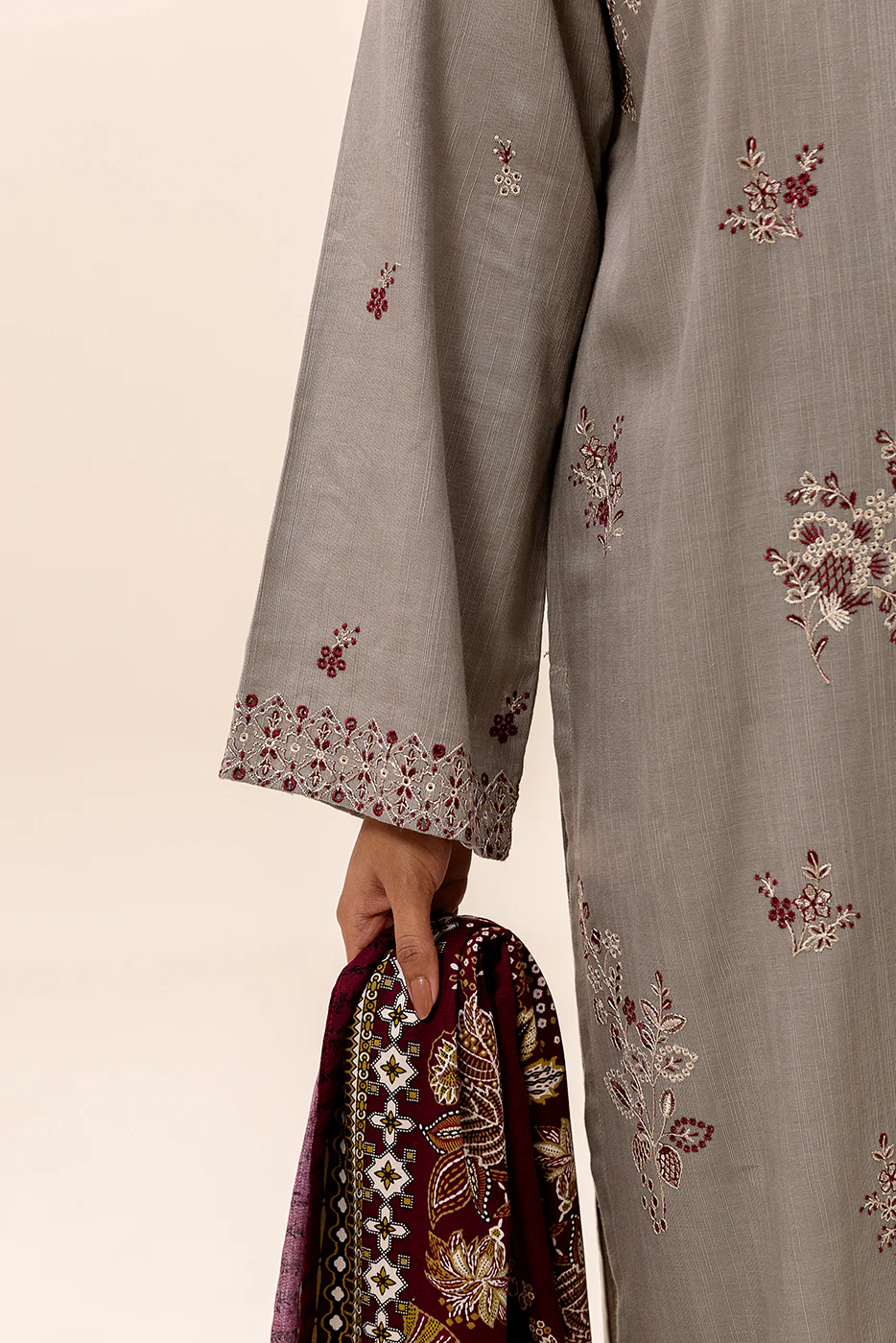 3 PIECE EMBROIDERED KHADDAR SUIT-FOSSIL DEW (UNSTITCHED) - Image 6