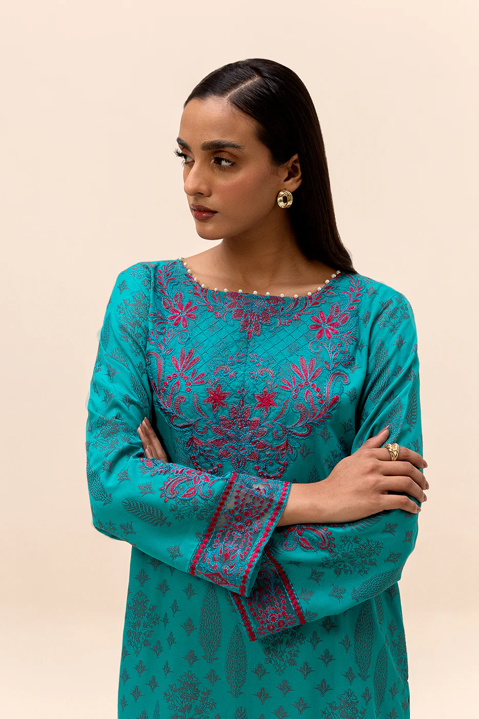 2 PIECE EMBROIDERED JACQUARD SUIT-OCEAN GLINT (UNSTITCHED) - Image 2