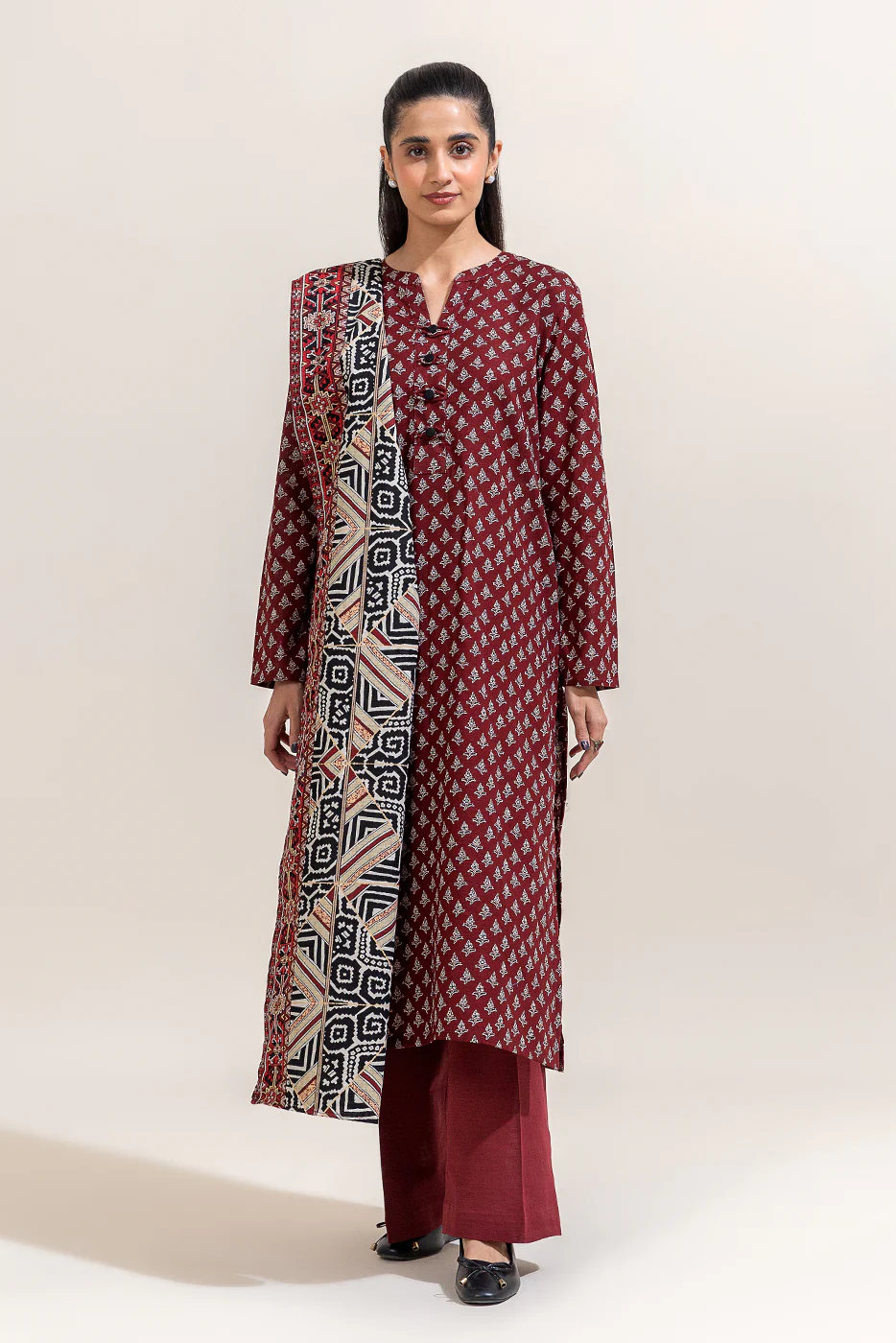2 PIECE PRINTED KHADDAR SUIT-GARNET DUST (UNSTITCHED) - Image 3