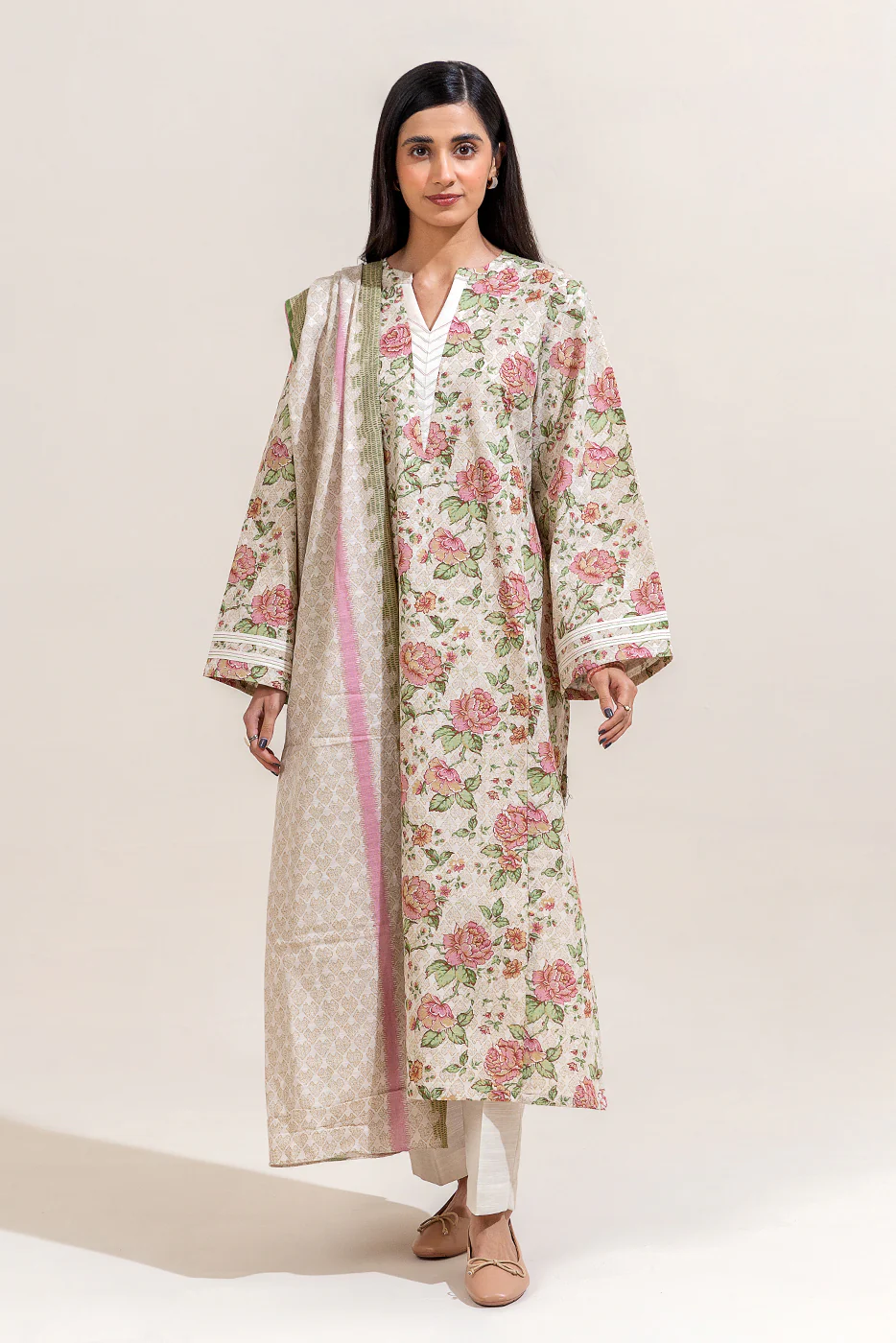 2 PIECE PRINTED KHADDAR SUIT-IVORY ORCHID (UNSTITCHED) - Image 4