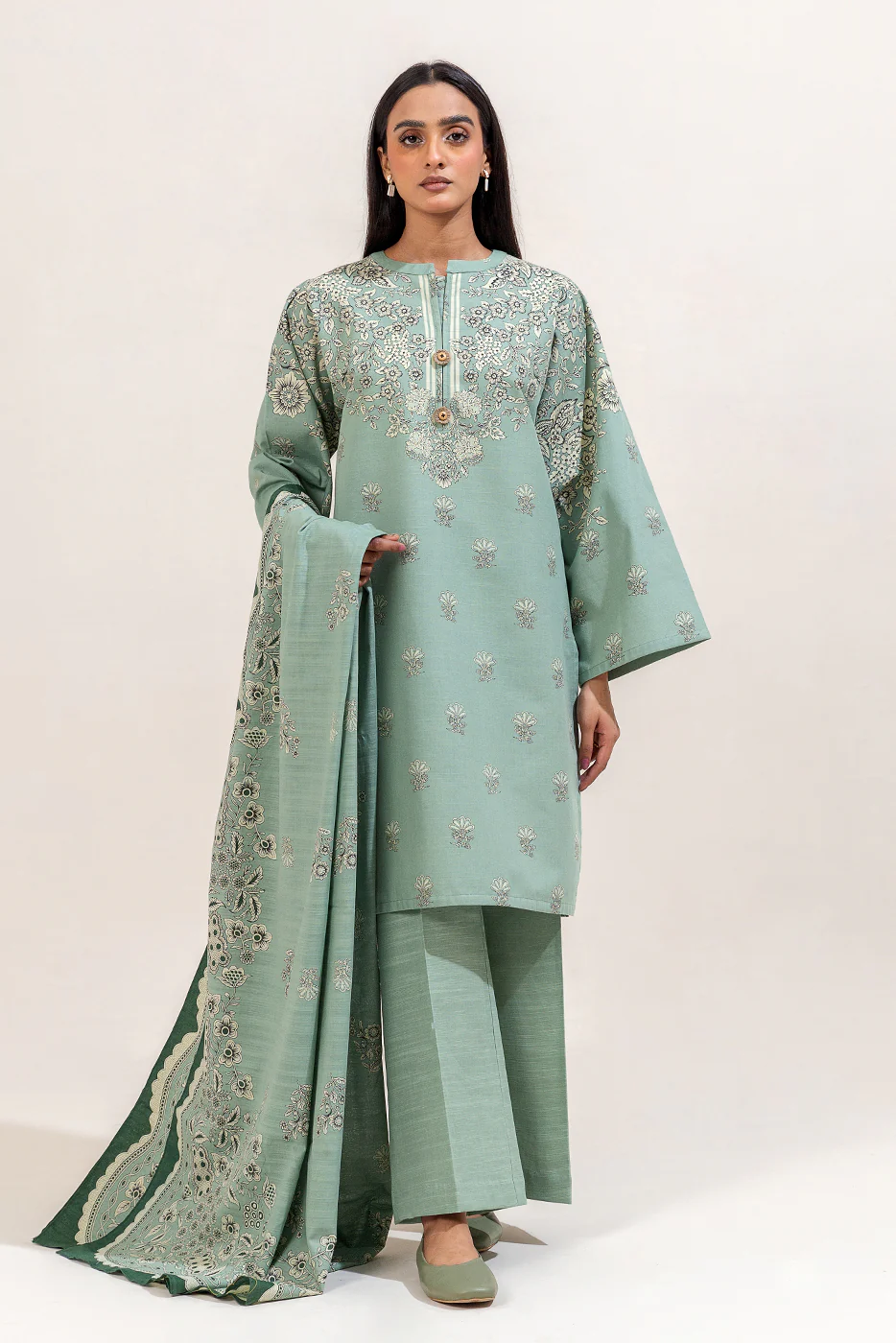 3 PIECE PRINTED KHADDAR SUIT-MINT BLISS (UNSTITCHED) - Image 2