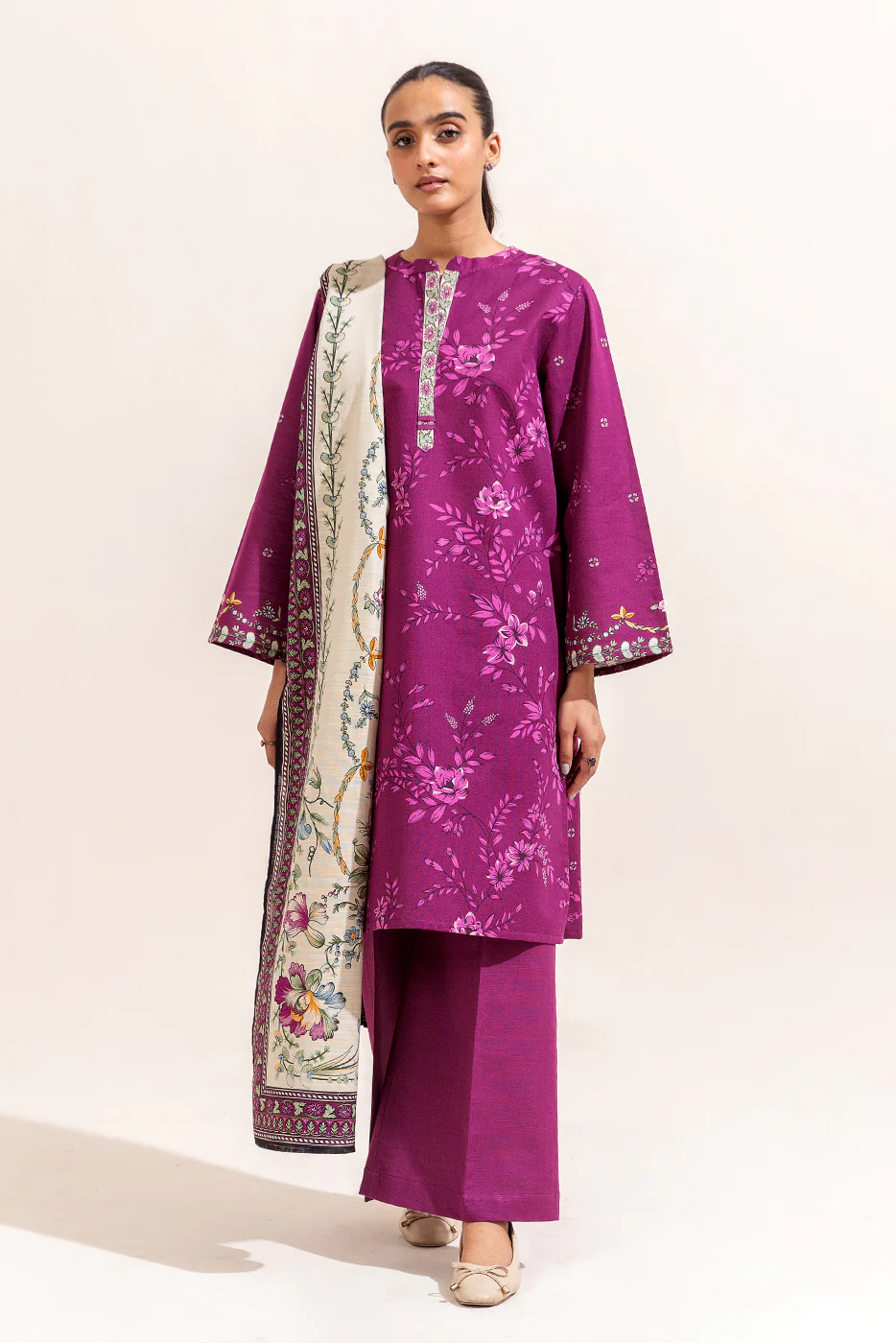 3 PIECE PRINTED KHADDAR SUIT-MULBERRY ORCHID (UNSTITCHED) - Image 5
